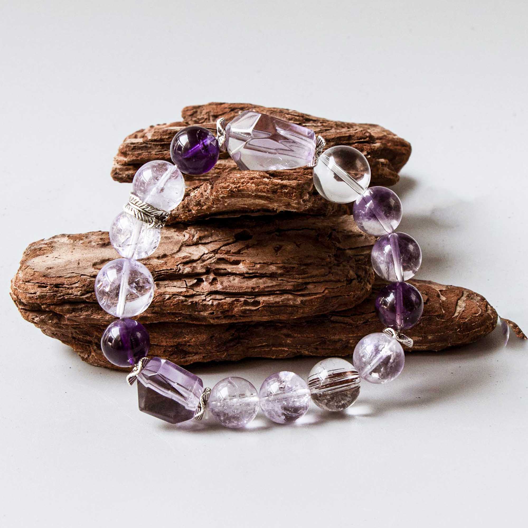 Auralyn Celestial Aura Amethyst Crystal Bracelet with Red Rutilated Quartz & Clear Quartz, 13–14mm Handmade Energy Beads, Tibetan Silver Accents, Emotional Healing & Spiritual Growth