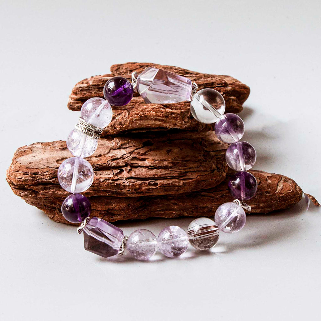 Auralyn Celestial Aura Amethyst Crystal Bracelet with Red Rutilated Quartz & Clear Quartz, 13–14mm Handmade Energy Beads, Tibetan Silver Accents, Emotional Healing & Spiritual Growth