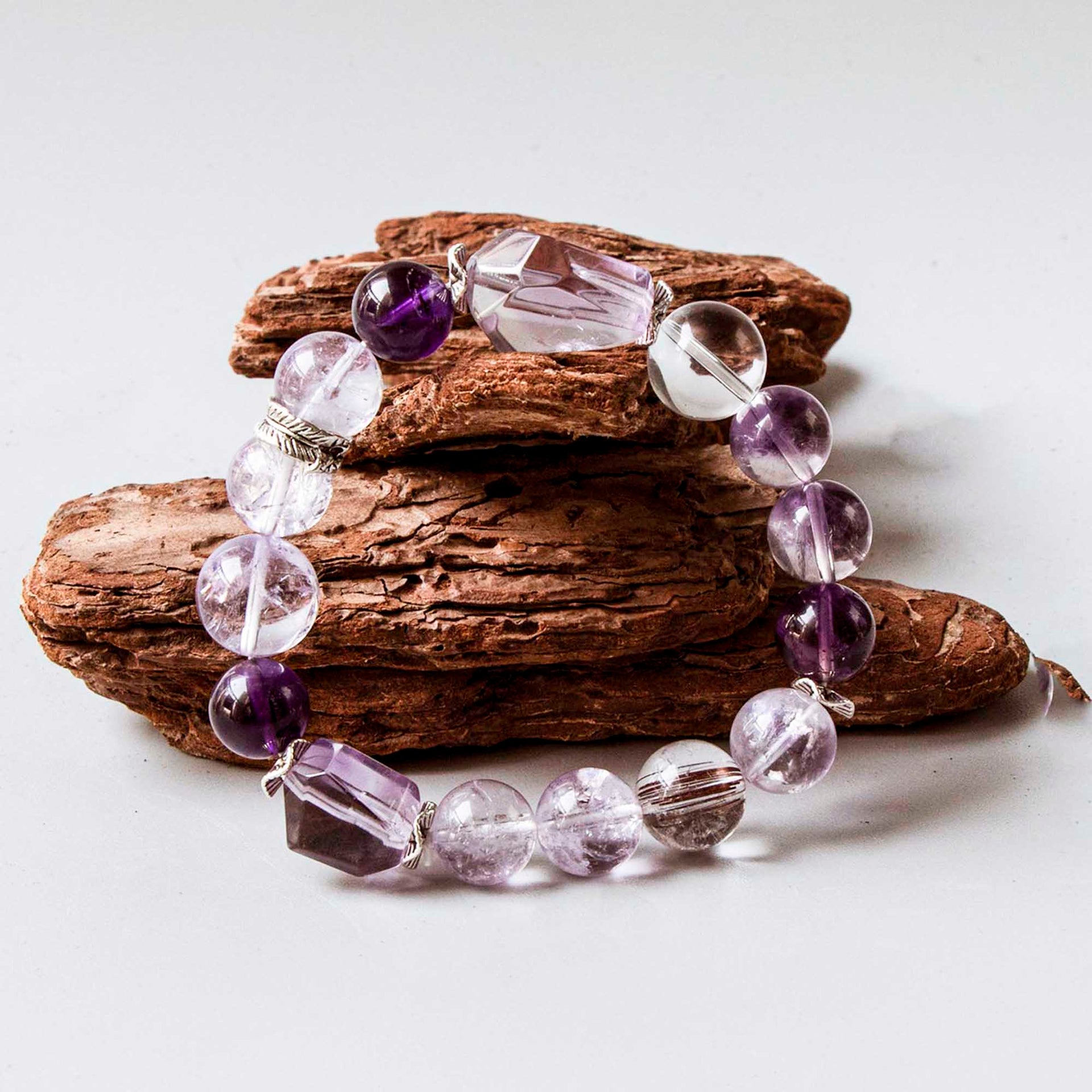 Auralyn Celestial Aura Amethyst Crystal Bracelet with Red Rutilated Quartz & Clear Quartz, 13–14mm Handmade Energy Beads, Tibetan Silver Accents, Emotional Healing & Spiritual Growth