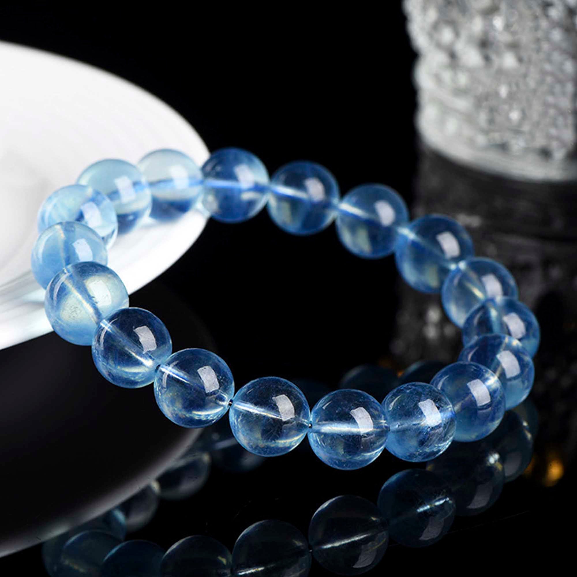 Auralyn Healing Aquamarine Crystal Bracelet, 13–14mm Natural Icy Transparent Aquamarine Beads, Handmade Energy Jewelry for Calm, Communication & Ocean Clarity