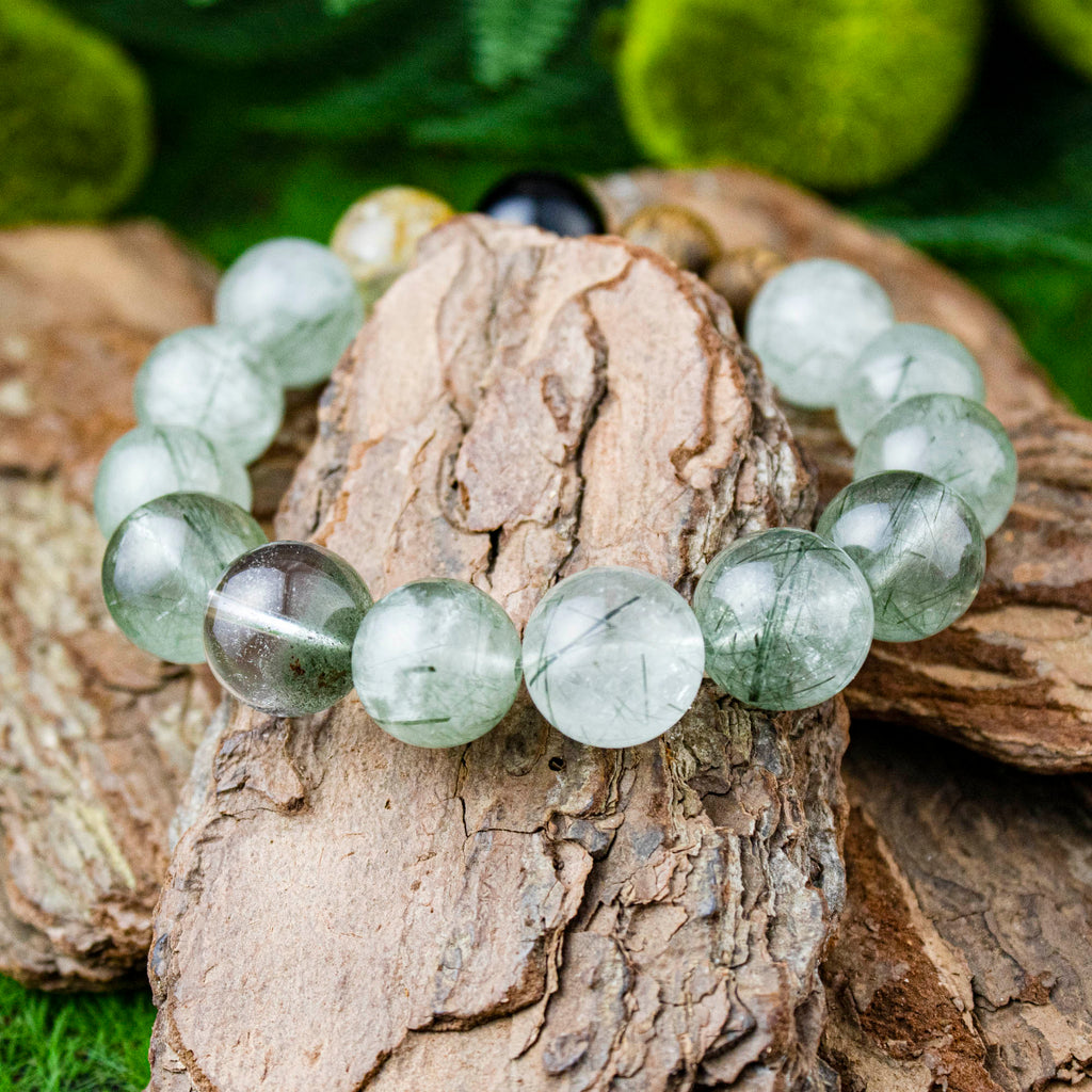 Auralyn Custom Forest Breath Green Rutilated Quartz Bracelet, 13–14mm Dark & Light Green Rutile with Starry Garden Phantom, Golden Flower Agate, Silver Obsidian & Two Agarwood Beads, Handmade Energy Jewelry