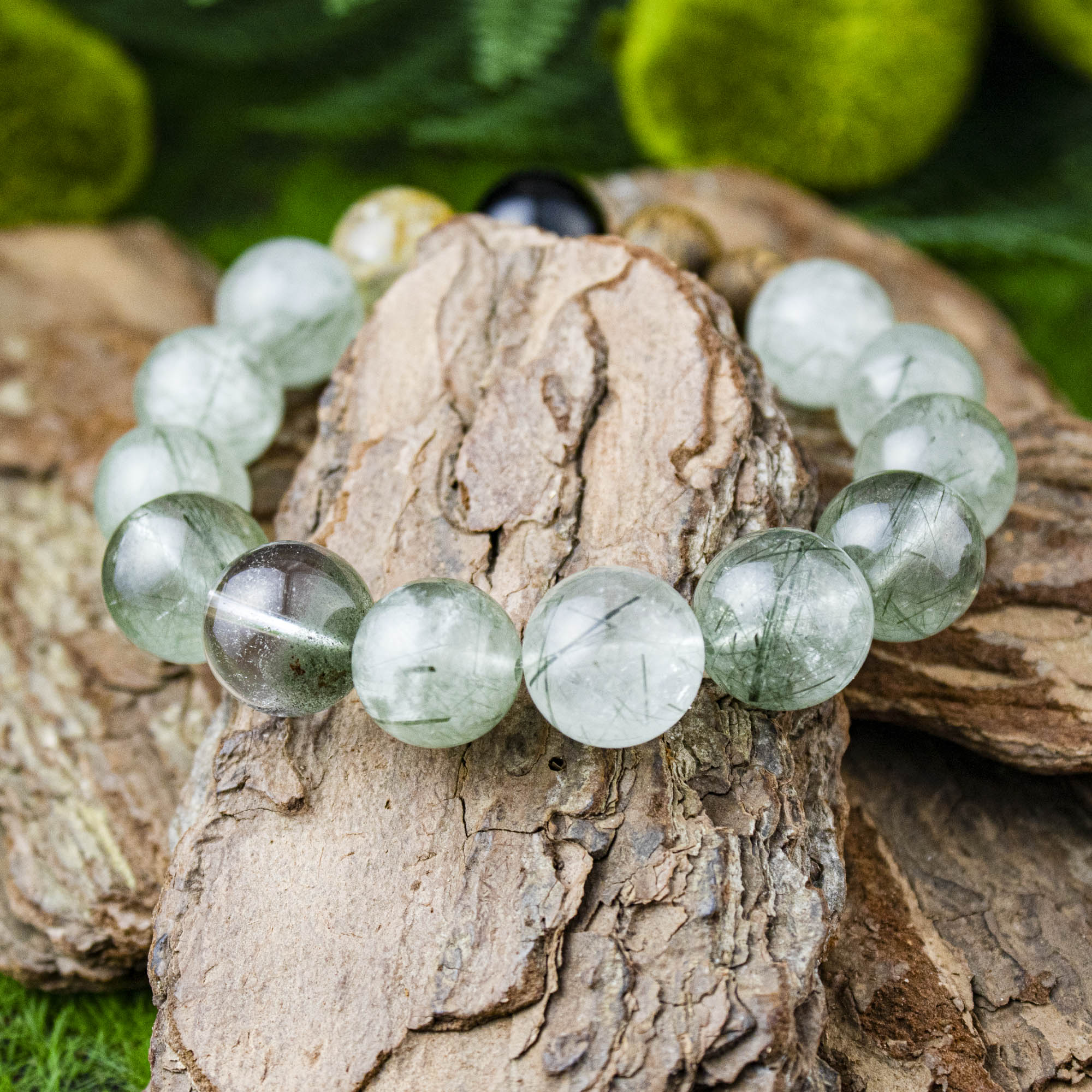 Auralyn Custom Forest Breath Green Rutilated Quartz Bracelet, 13–14mm Dark & Light Green Rutile with Starry Garden Phantom, Golden Flower Agate, Silver Obsidian & Two Agarwood Beads, Handmade Energy Jewelry