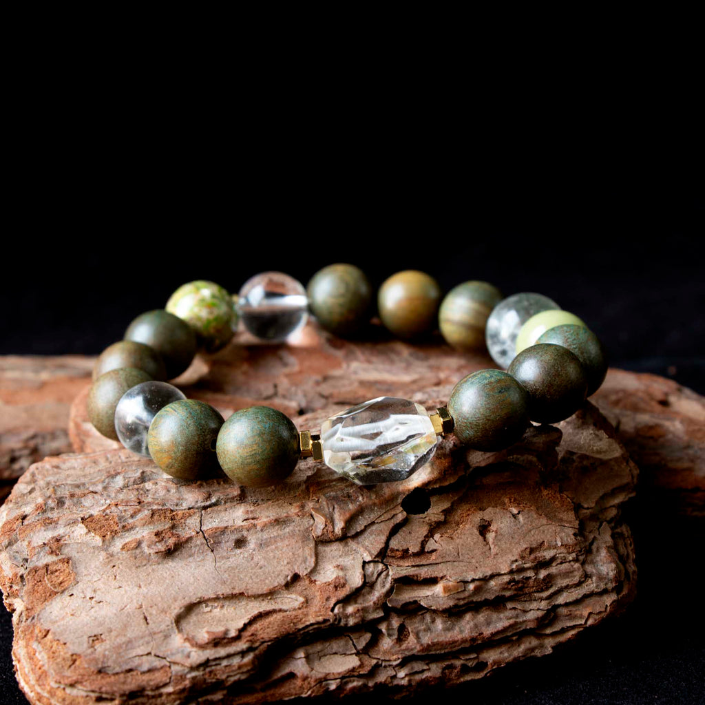 Auralyn Custom Verdant Renewal Crystal Bracelet, 11–12mm Clear Quartz, Green Phantom, Green Sandalwood & Light Avocado Tones with Bi-Color Clear+Citrine Irregular Bead and Silver-Plated Spacers, Handmade Energy Jewelry