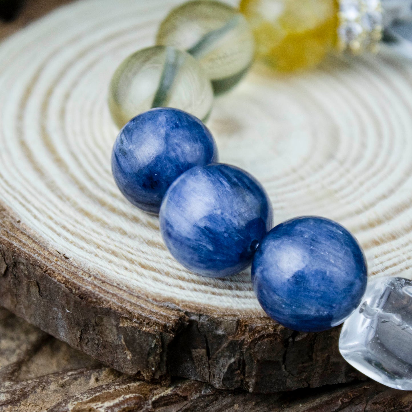 Auralyn Tarot Temperance Blue–Gold Crystal Bracelet, 13–14mm Kyanite, Aquamarine, White Phantom & Citrine with Golden Flower Agate, Herkimer-Style Irregular & Sugar-Cube Accents, Gold-Plated Spacers, Handmade Energy Jewelry