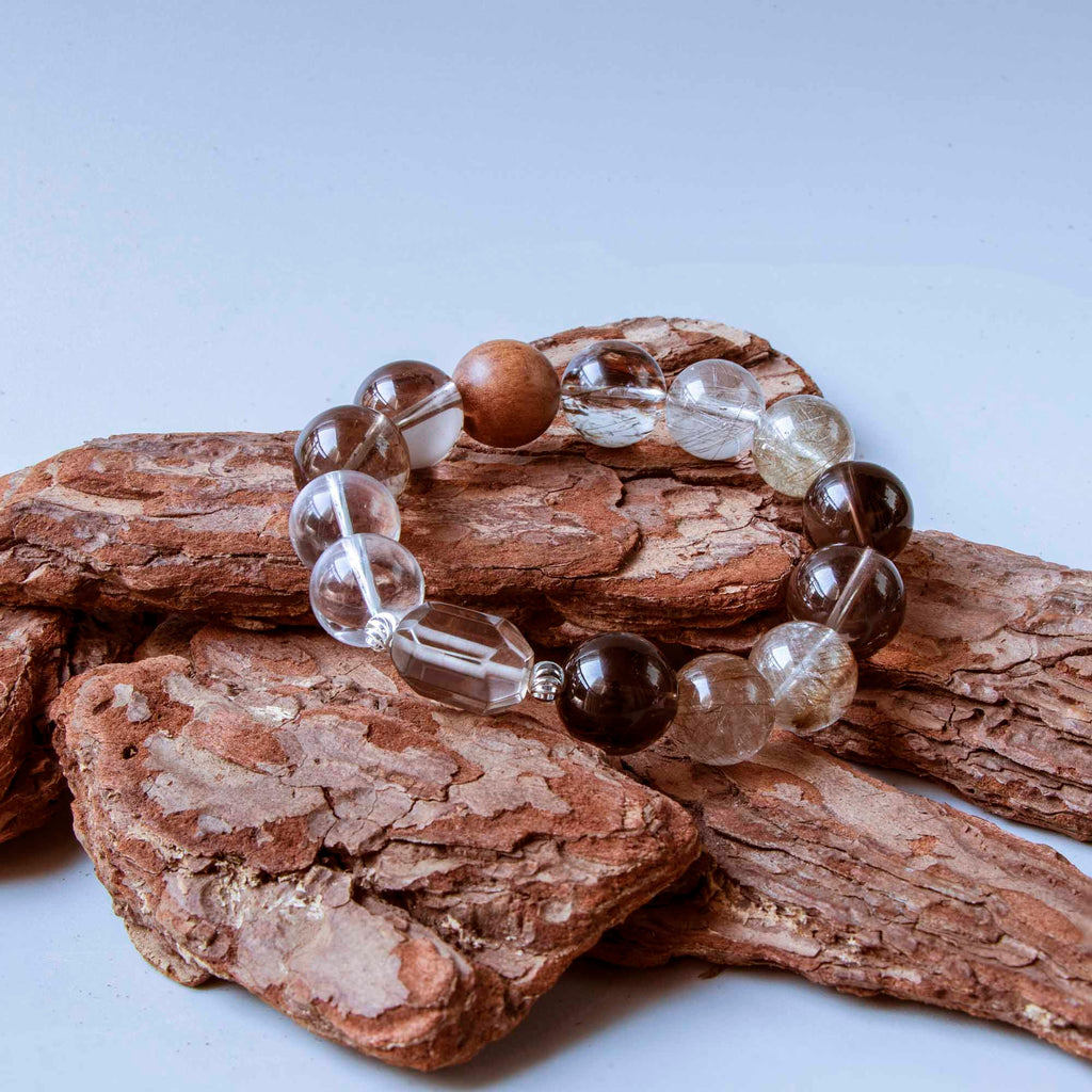Auralyn Life Rhythm Smoky Quartz Crystal Bracelet, 13–14mm Smoky Quartz, Silver & Venus Rutilated Quartz with Clear Quartz and Wood Bead, Handmade Energy Jewelry
