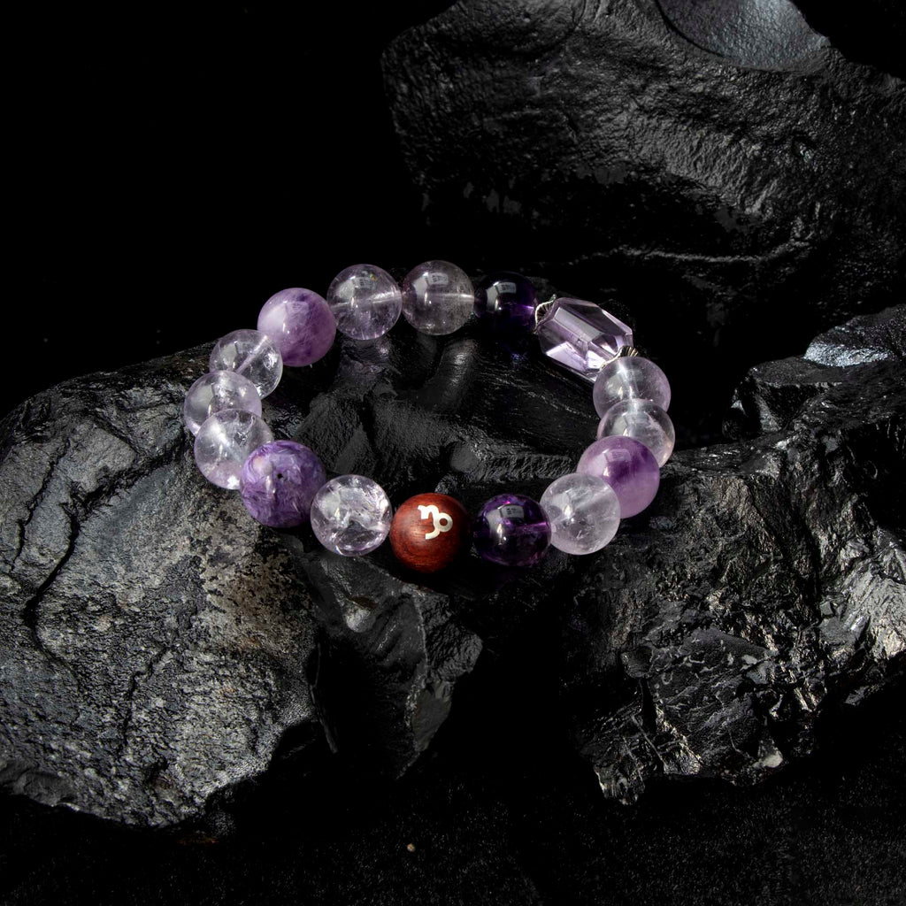 Auralyn Capricorn Amethyst Ascend Crystal Bracelet, 13–14mm Gradient Amethyst Beads with Irregular Amethyst, Tibetan Silver Spacers & Sterling Silver Capricorn Inlaid Redwood Bead, Handmade Zodiac Energy Jewelry for Wisdom & Success