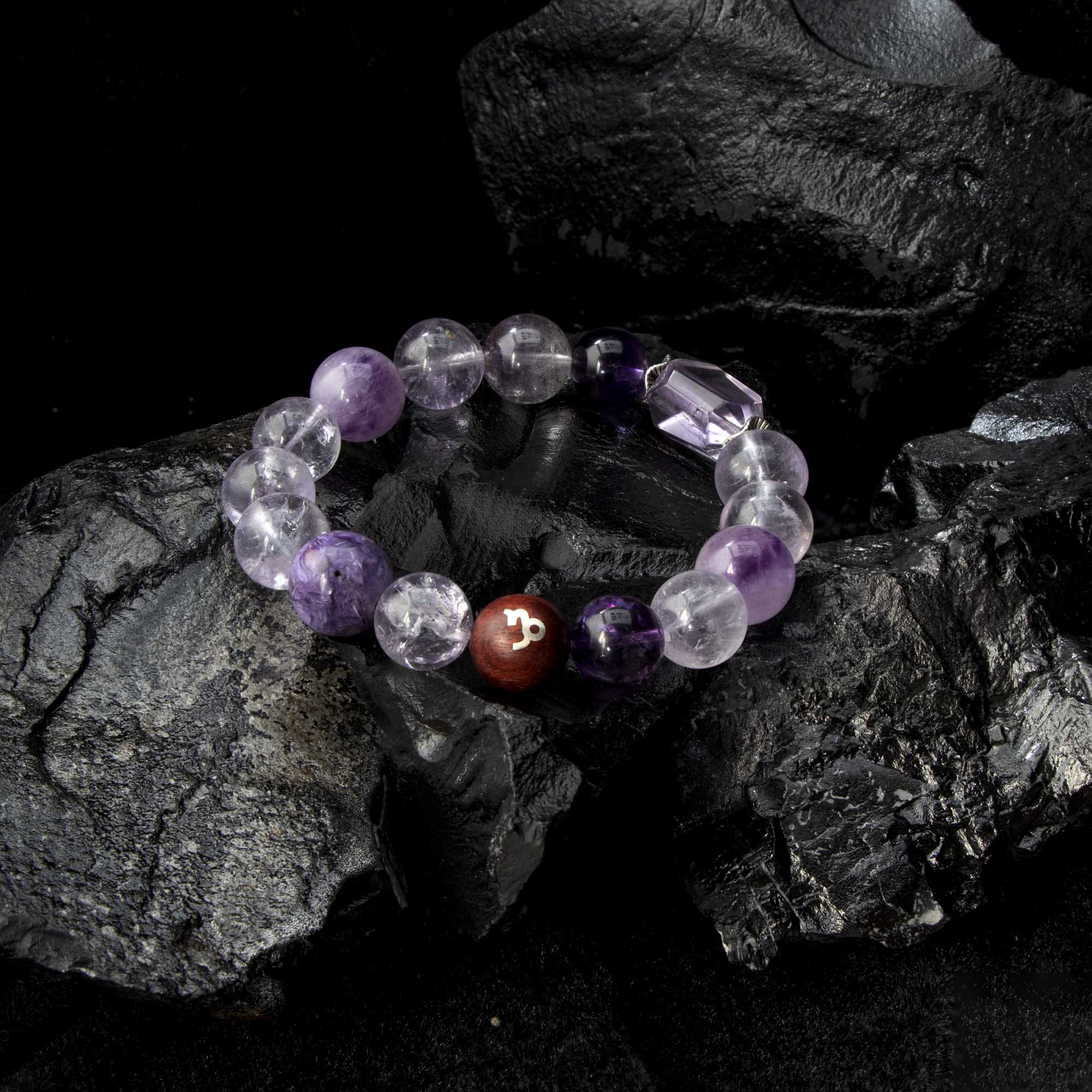 Auralyn Capricorn Amethyst Ascend Crystal Bracelet, 13–14mm Gradient Amethyst Beads with Irregular Amethyst, Tibetan Silver Spacers & Sterling Silver Capricorn Inlaid Redwood Bead, Handmade Zodiac Energy Jewelry for Wisdom & Success