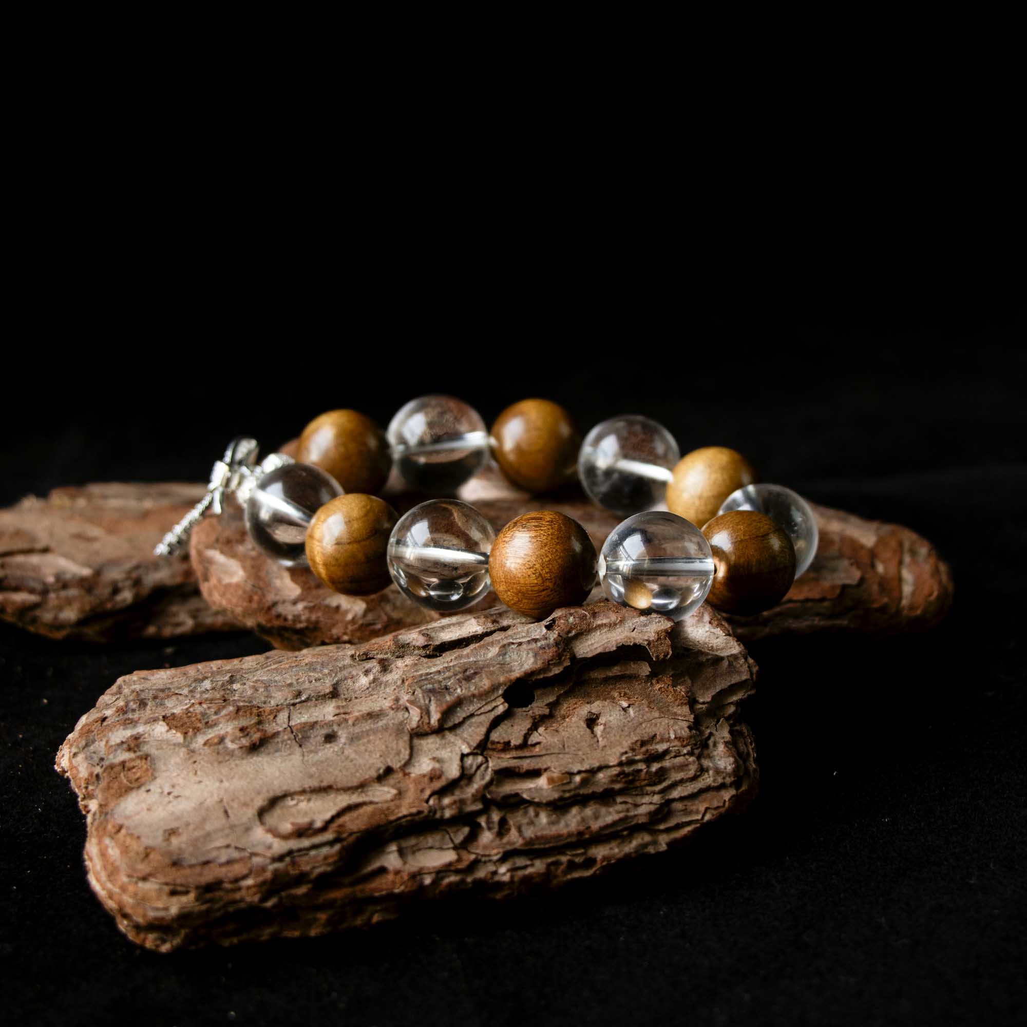 Auralyn Healing Butterfly Serenity Clear Quartz & Golden Phoebe Wood Bracelet, 16–17mm Natural Clear Quartz Beads with Silver-Plated Butterfly Charm, Handmade Mood-Healing Energy Jewelry for Clarity, Calm & Grounding