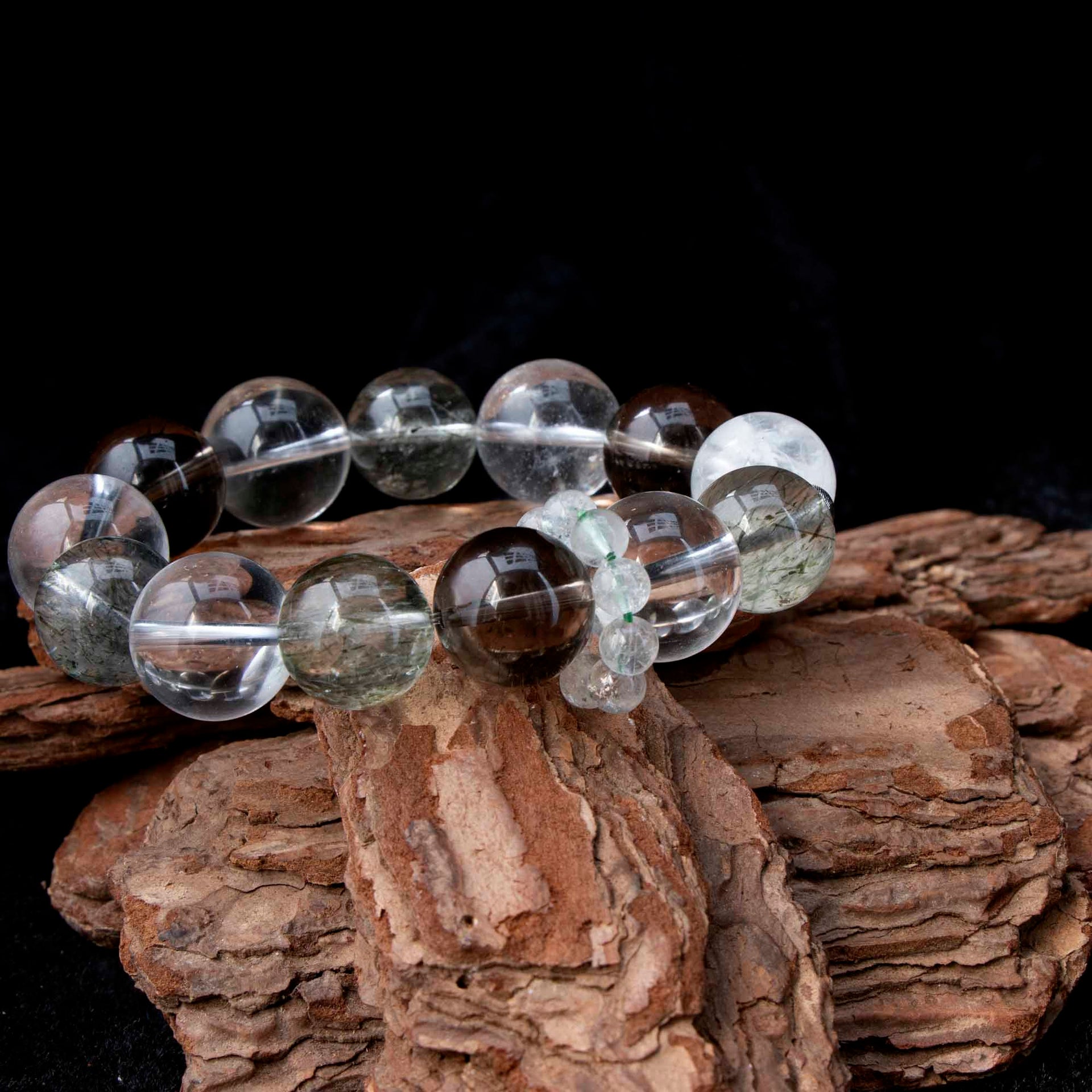 Auralyn Life Rhythm Clarity Momentum Crystal Bracelet, 14–16mm Tourmaline Rutilated Quartz with Clear Quartz, Smoky Quartz & White Phantom, Clear Quartz Runner Ring, Handmade Energy Jewelry