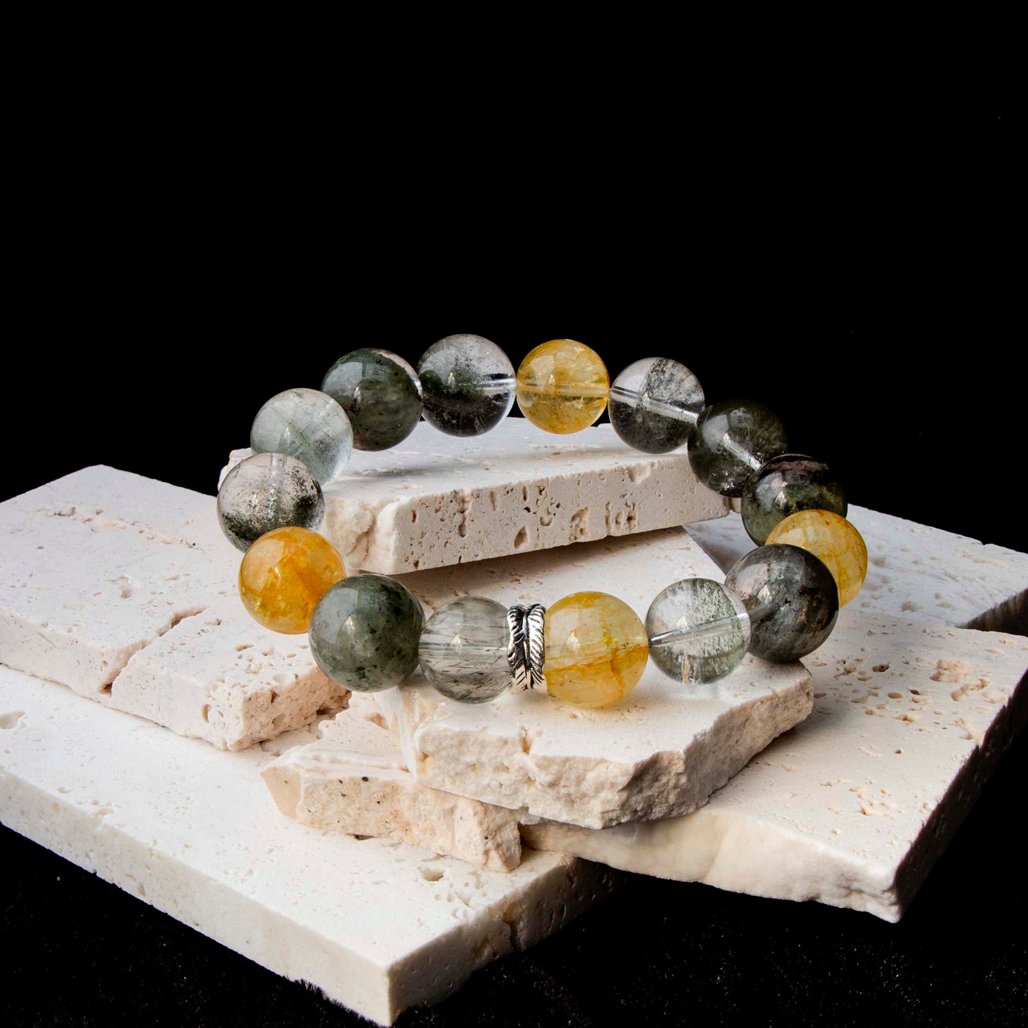 Auralyn Tarot The Empress Green Phantom Crystal Bracelet, 13–14mm Garden Quartz with Impression Jasper, Golden Flower Agate & Tourmaline Rutilated Quartz, Silver Feather Spacer, Handmade Energy Jewelry