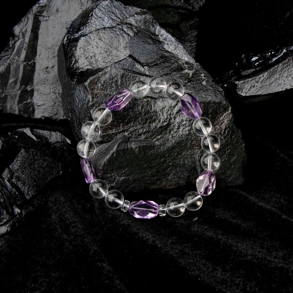 Auralyn Tarot High Priestess Amethyst Crystal Bracelet, 10mm Clear Quartz Beads with Irregular Amethyst, Handmade Tarot Energy Jewelry for Intuition, Calm & Clarity