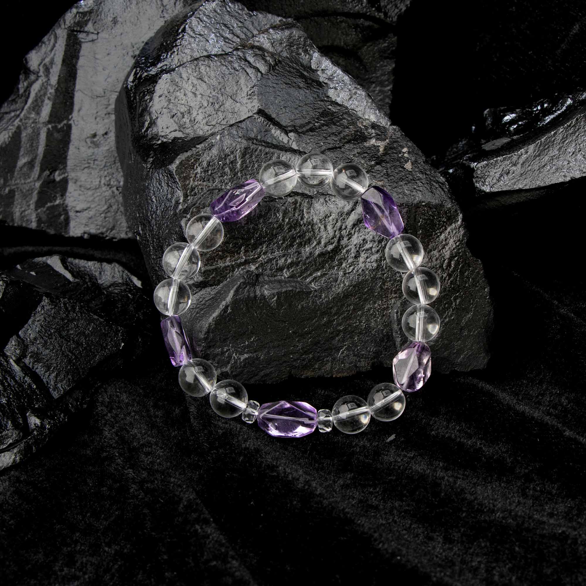 Auralyn Tarot High Priestess Amethyst Crystal Bracelet, 10mm Clear Quartz Beads with Irregular Amethyst, Handmade Tarot Energy Jewelry for Intuition, Calm & Clarity