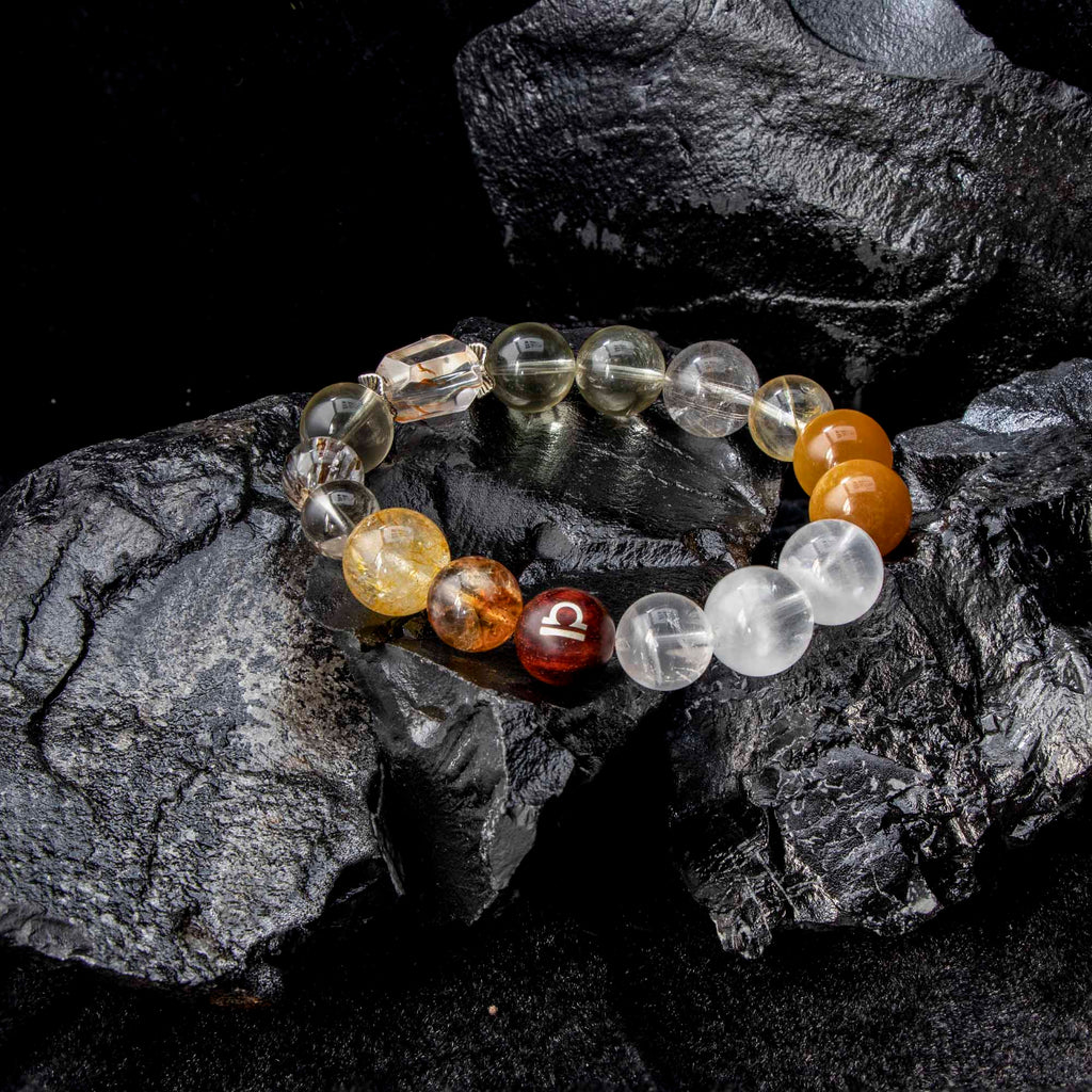 Auralyn Libra Golden Balance Super Seven Crystal Bracelet, 13–14mm Super Seven with Citrine, Flower Agate (Golden/Orange), White Phantom Quartz & Tiger’s Eye, Raw Mineral Accent, Sterling-Silver Inlaid Libra Redwood Bead, Handmade