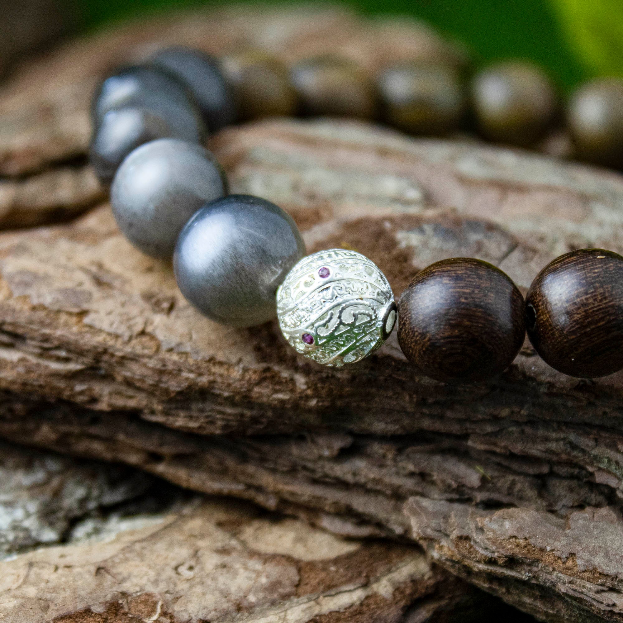 Auralyn Custom Kyanite Nightwood Crystal Bracelet, 10–12mm Kyanite with Black Tourmalinated/“Backbone” Quartz, Black Labradorite, Red & Green Sandalwood Beads and Filigree Silver Spacer, Handmade Energy Jewelry