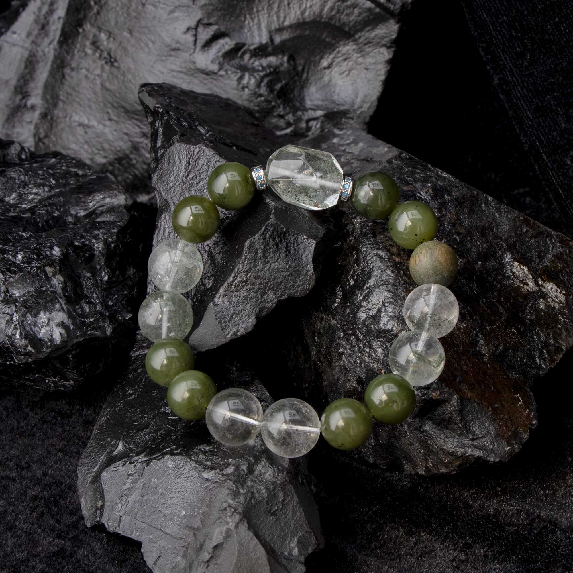 Auralyn Custom Star-Garden Green Phantom Quartz Bracelet, 13–14mm Garden/“Starry” Phantom with Irregular Phantom Accent, Avocado Tone Bead & Natural Wood, Handmade Energy Jewelry for Renewal, Clarity & Grounding
