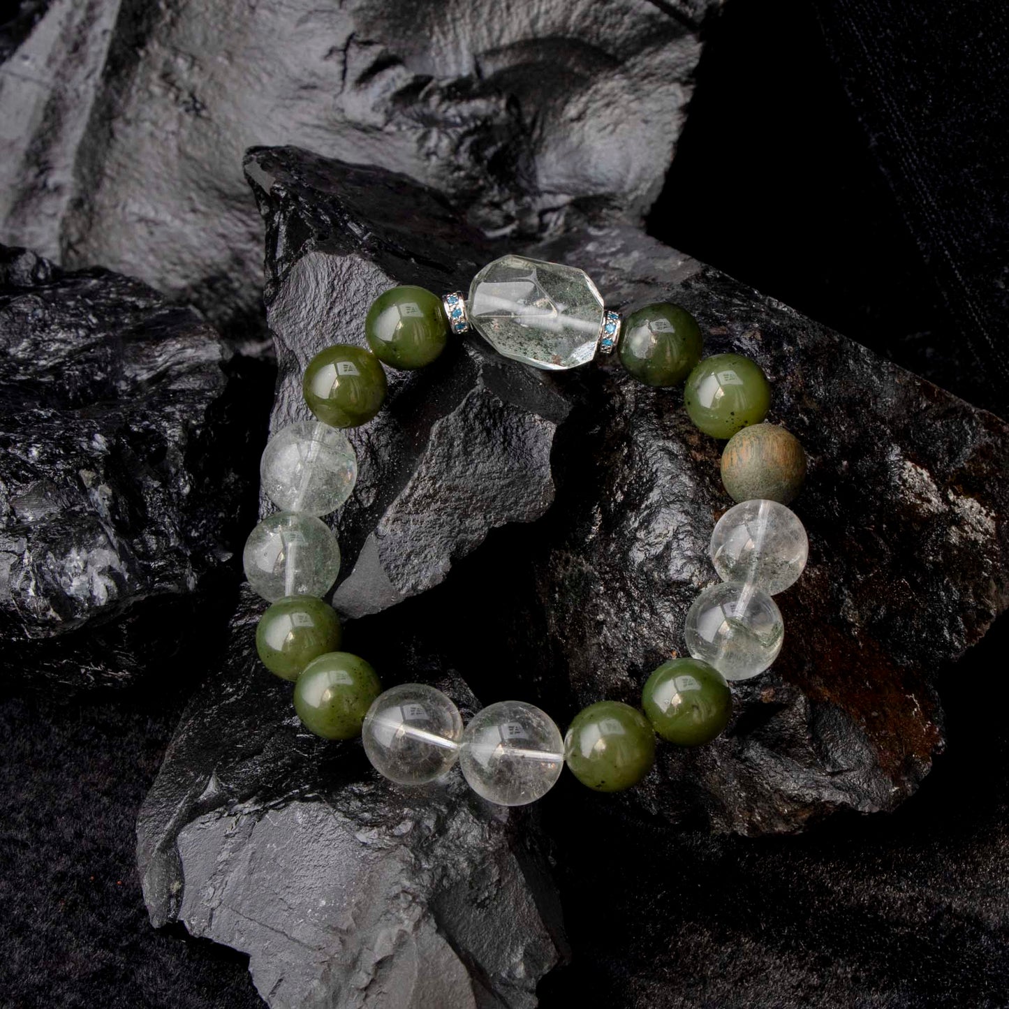 Auralyn Custom Star-Garden Green Phantom Quartz Bracelet, 13–14mm Garden/“Starry” Phantom with Irregular Phantom Accent, Avocado Tone Bead & Natural Wood, Handmade Energy Jewelry for Renewal, Clarity & Grounding