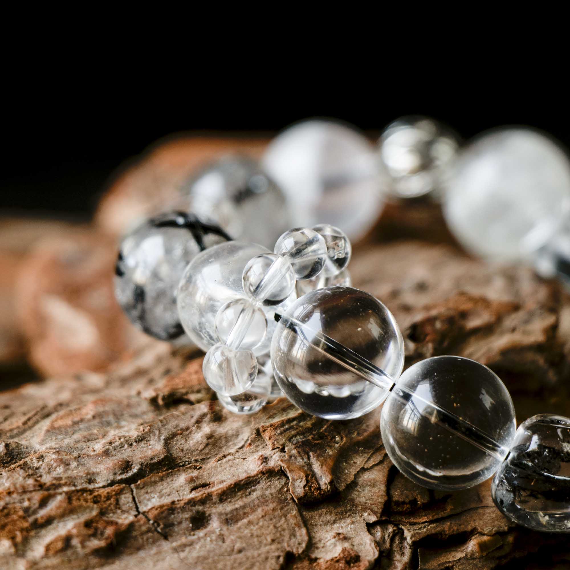 Auralyn Custom Monochrome Clarity Crystal Bracelet, 13–15mm Clear Quartz, White Phantom, Black Labradorite, Black Rutilated Quartz with Herkimer-Style Cone & Irregular Clear Beads, Clear-Quartz Runner Ring, Handmade