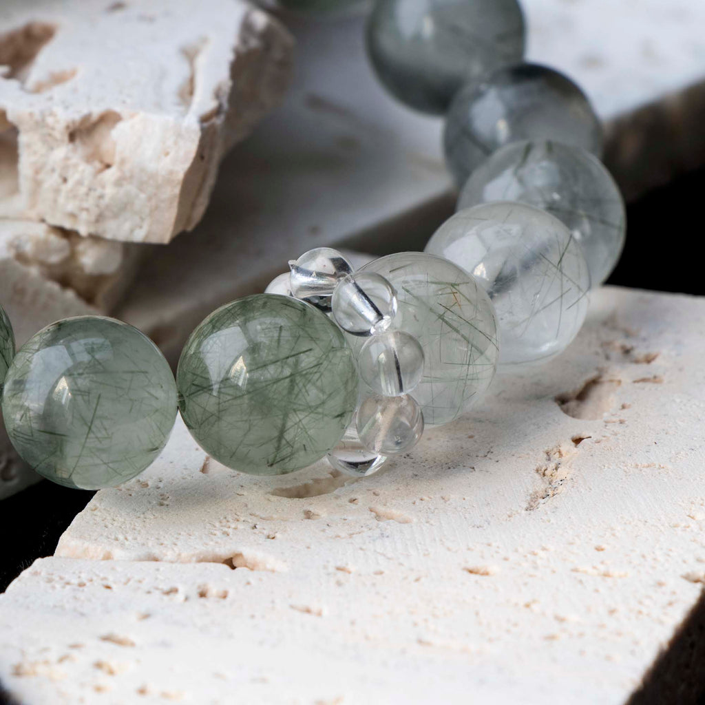 Auralyn Tarot Temperance Green Rutilated Quartz Bracelet, 13–14mm Dark & Light Green Rutilated Gradient with 16mm Green Quartz Center and Clear Quartz Runner Ring, Handmade Crystal Energy Jewelry for Balance & Growth