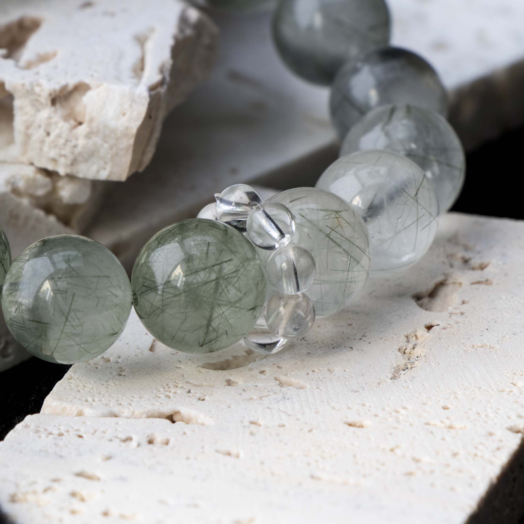 Auralyn Tarot Temperance Green Rutilated Quartz Bracelet, 13–14mm Dark & Light Green Rutilated Gradient with 16mm Green Quartz Center and Clear Quartz Runner Ring, Handmade Crystal Energy Jewelry for Balance & Growth