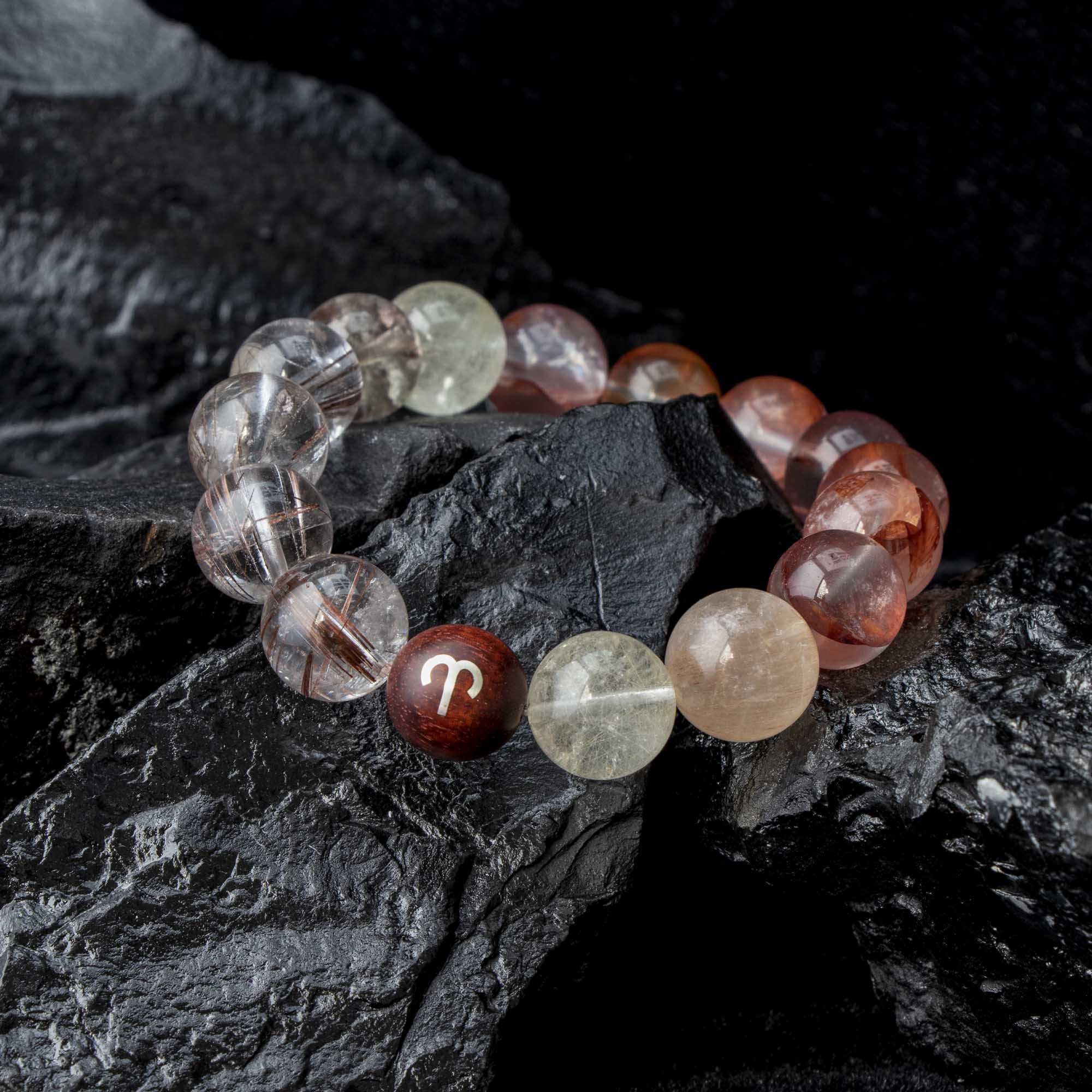 Auralyn Aries Flame Bloom Crystal Bracelet, 13–14mm Red Flower Agate, Red & Venus Rutilated Quartz, Rabbit Hair Quartz, Sterling Silver Aries Bead, Handmade Zodiac Energy Jewelry