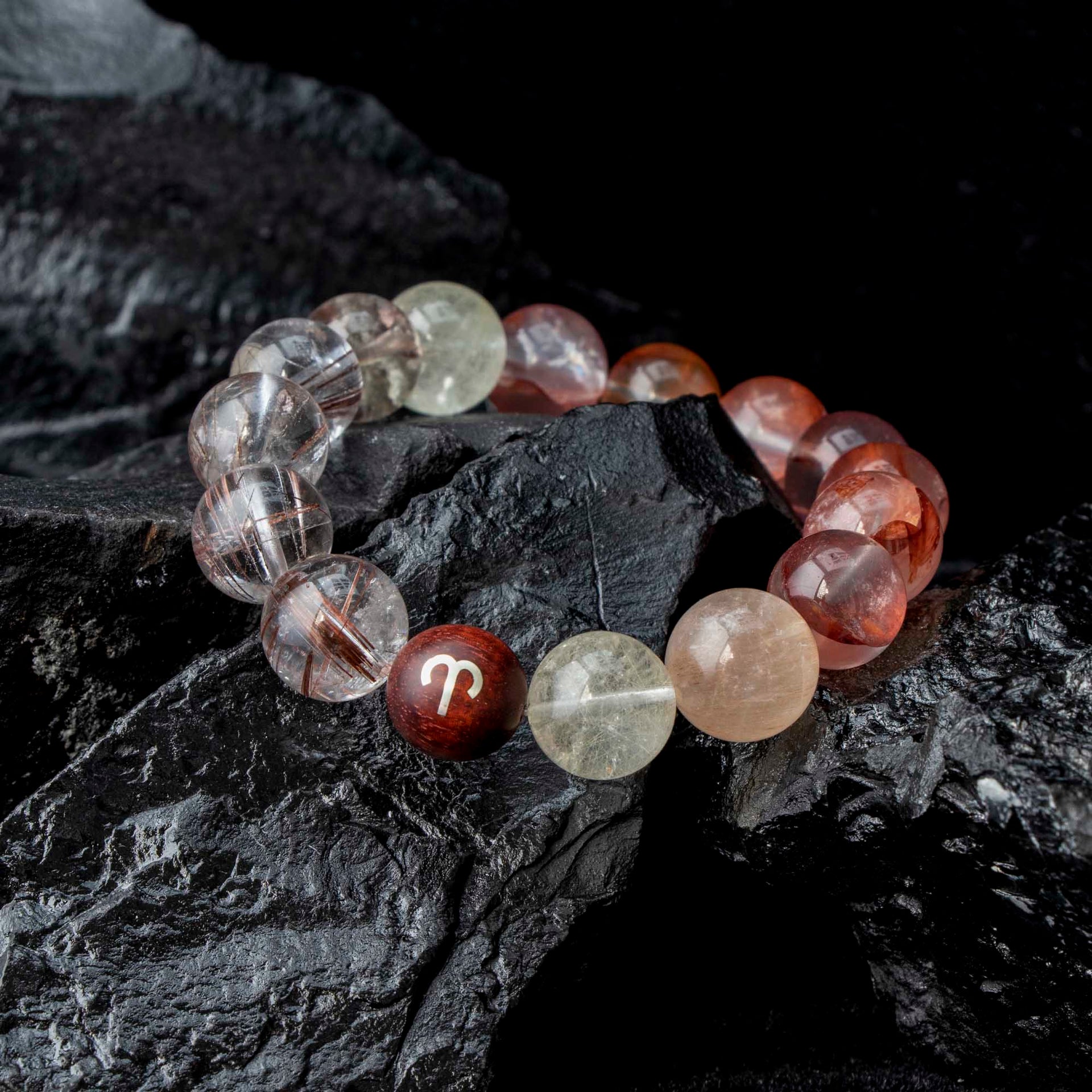 Auralyn Aries Flame Bloom Crystal Bracelet, 13–14mm Red Flower Agate, Red & Venus Rutilated Quartz, Rabbit Hair Quartz, Sterling Silver Aries Bead, Handmade Zodiac Energy Jewelry