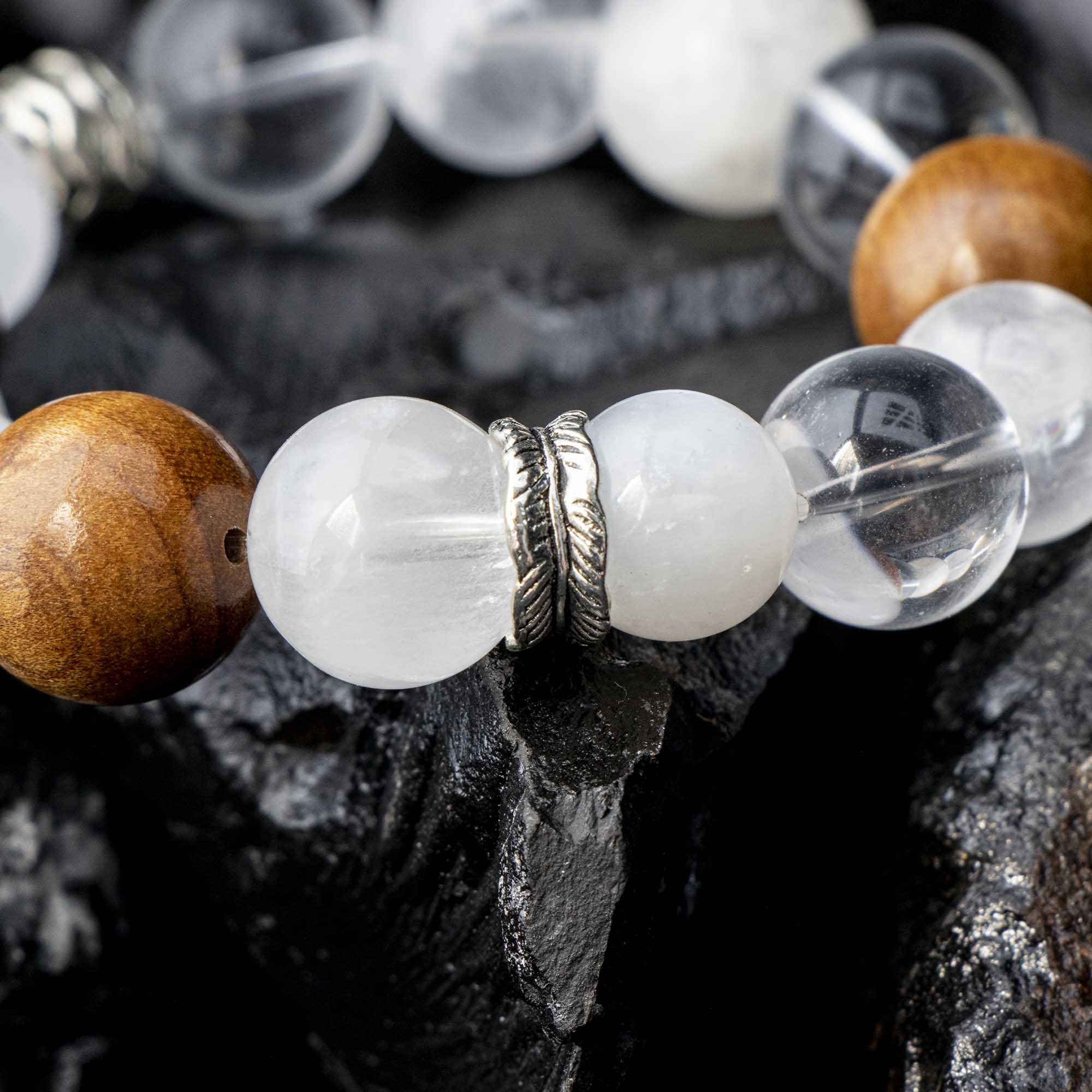 Auralyn Custom Feathered Clarity White Phantom & Clear Quartz Bracelet, 13–14mm Quartz with 15–16mm Golden Phoebe Wood, Tibetan-Silver Feather Spacer & Rings, Handmade Energy Jewelry for Renewal, Clarity & Grounding