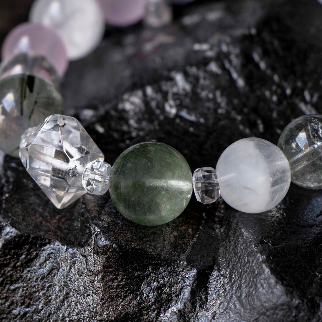 Auralyn Garden of Light Crystal Bracelet, 13–14mm White Phantom, Rose Quartz, Green Phantom, Green Rutilated & Tourmaline Rutilated Quartz with Clear Quartz Spacers, Handmade Energy Jewelry