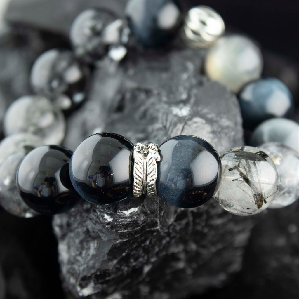 Abyssal Meridian Bracelet – Blue Tiger’s Eye, Black Rutilated, Sparkle Quartz & Gray Moonstone | 13–14mm Handmade Gift
