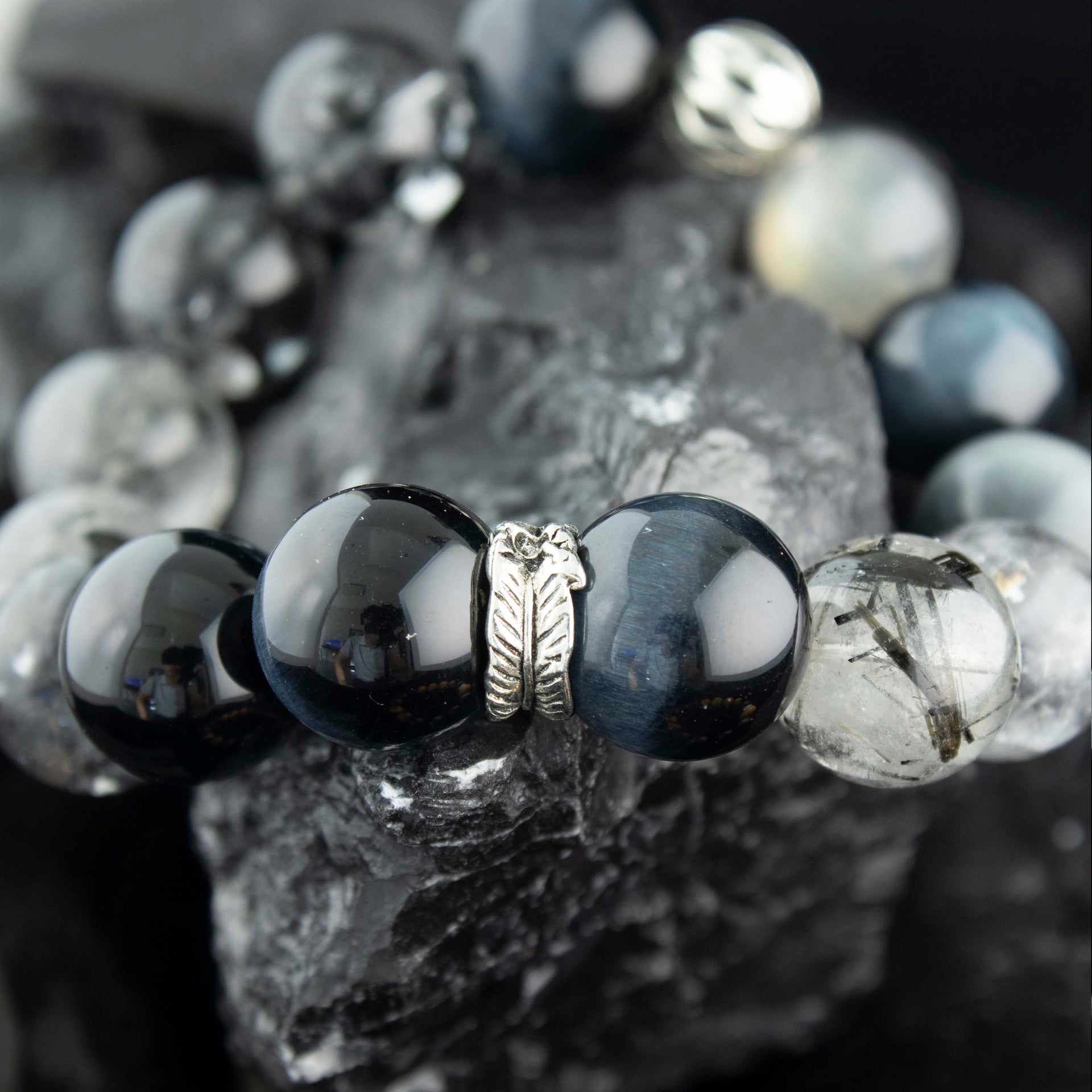 Abyssal Meridian Bracelet – Blue Tiger’s Eye, Black Rutilated, Sparkle Quartz & Gray Moonstone | 13–14mm Handmade Gift