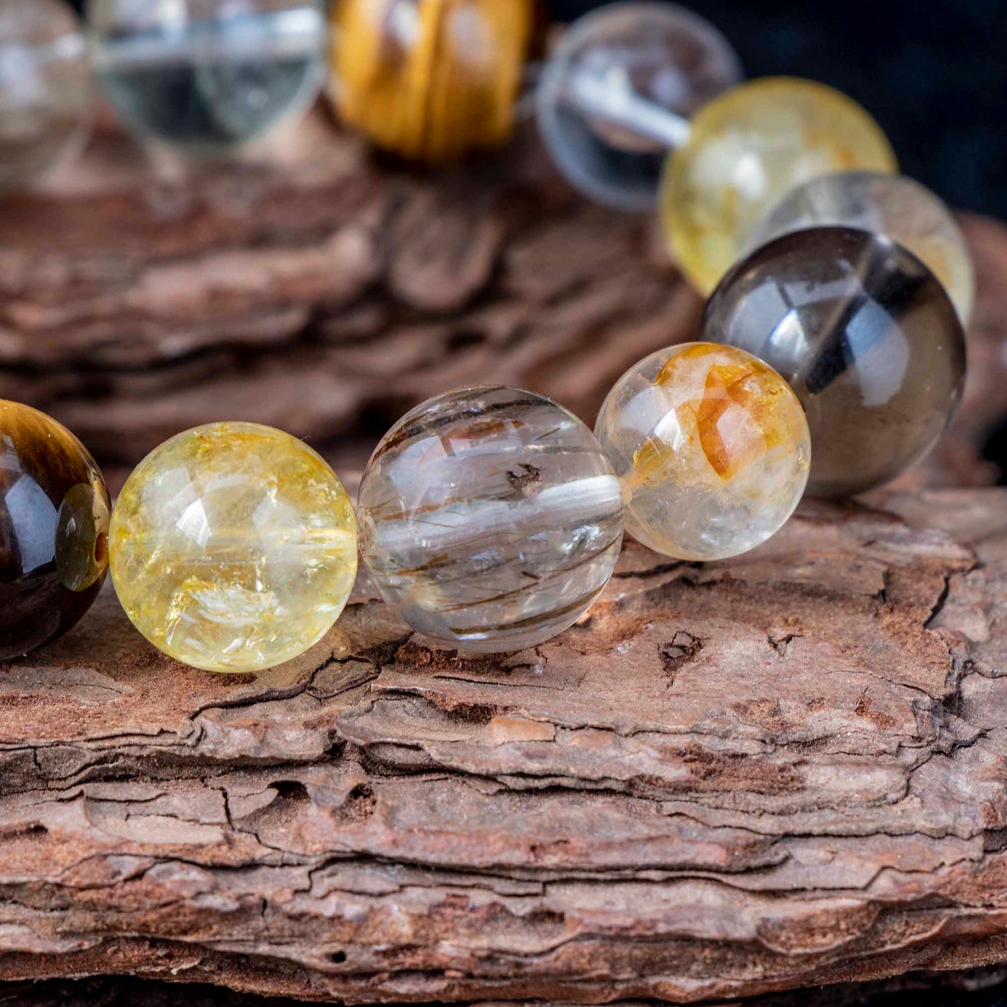 Auralyn Life Rhythm Ground & Glow Crystal Bracelet, 13–14mm Smoky Quartz, Green Quartz, Actinolite & Tourmaline Rutilated Quartz, Flower Agate, Amber, Tiger’s Eye & Red Rutilated, Handmade Energy Jewelry