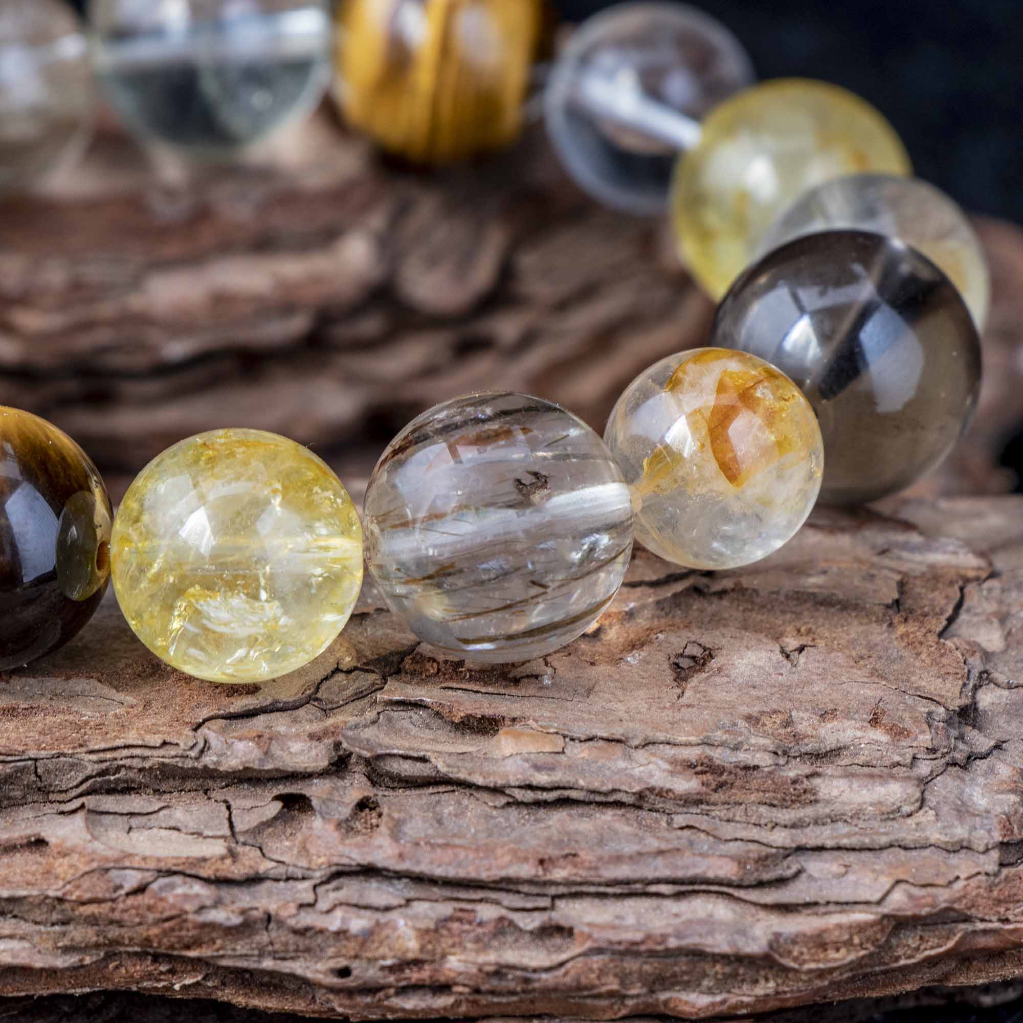 Auralyn Life Rhythm Ground & Glow Crystal Bracelet, 13–14mm Smoky Quartz, Green Quartz, Actinolite & Tourmaline Rutilated Quartz, Flower Agate, Amber, Tiger’s Eye & Red Rutilated, Handmade Energy Jewelry