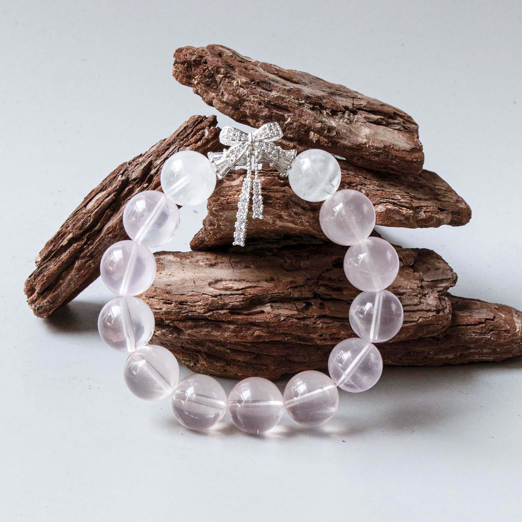 Auralyn Fluttering Bloom Rose Quartz & White Phantom Crystal Bracelet with Silver Butterfly Charm, 13–14mm Feminine Handmade Jewelry for Love, Healing & Daily Outfits