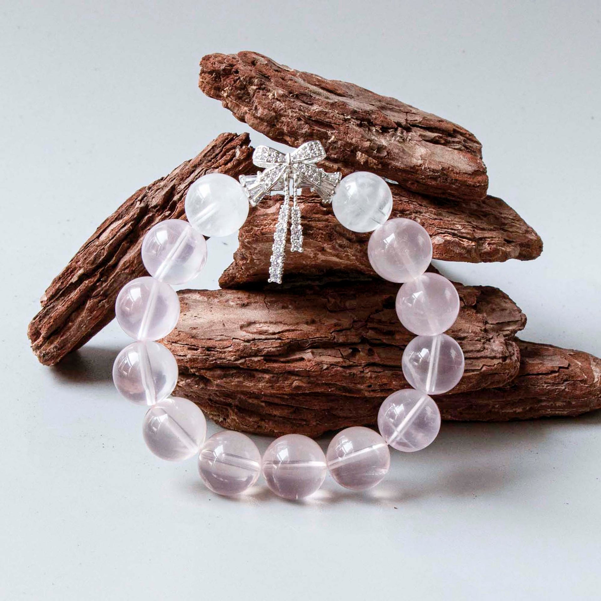 Auralyn Fluttering Bloom Rose Quartz & White Phantom Crystal Bracelet with Silver Butterfly Charm, 13–14mm Feminine Handmade Jewelry for Love, Healing & Daily Outfits