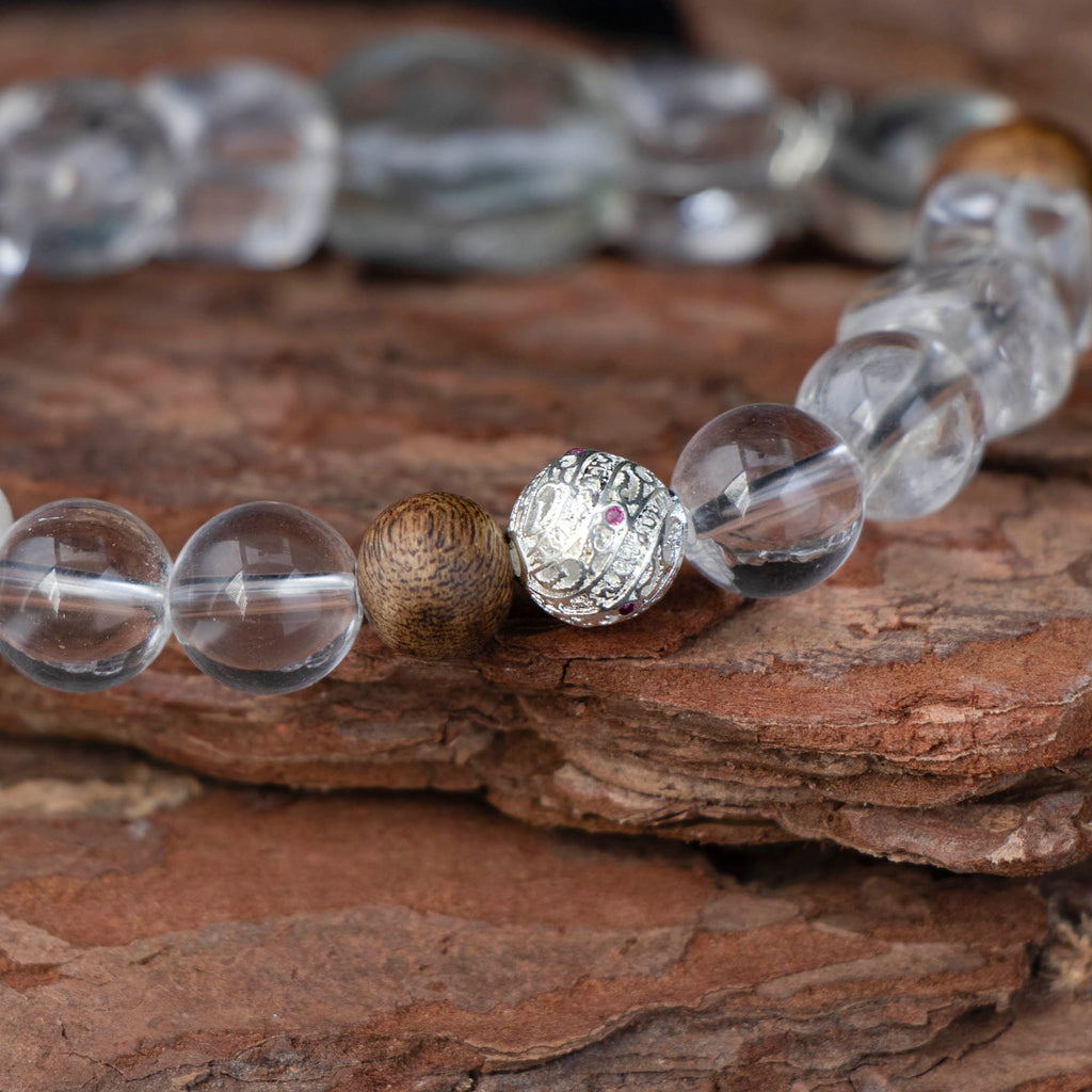 Auralyn Tarot The Star Clear & Green Quartz Crystal Bracelet, 12–13mm Clear Quartz with Oval Green Quartz, Irregular Green Phantom & Herkimer-Style Cube, Agarwood Bead, Tibetan Silver & Silver-Plated Accents, Handmade