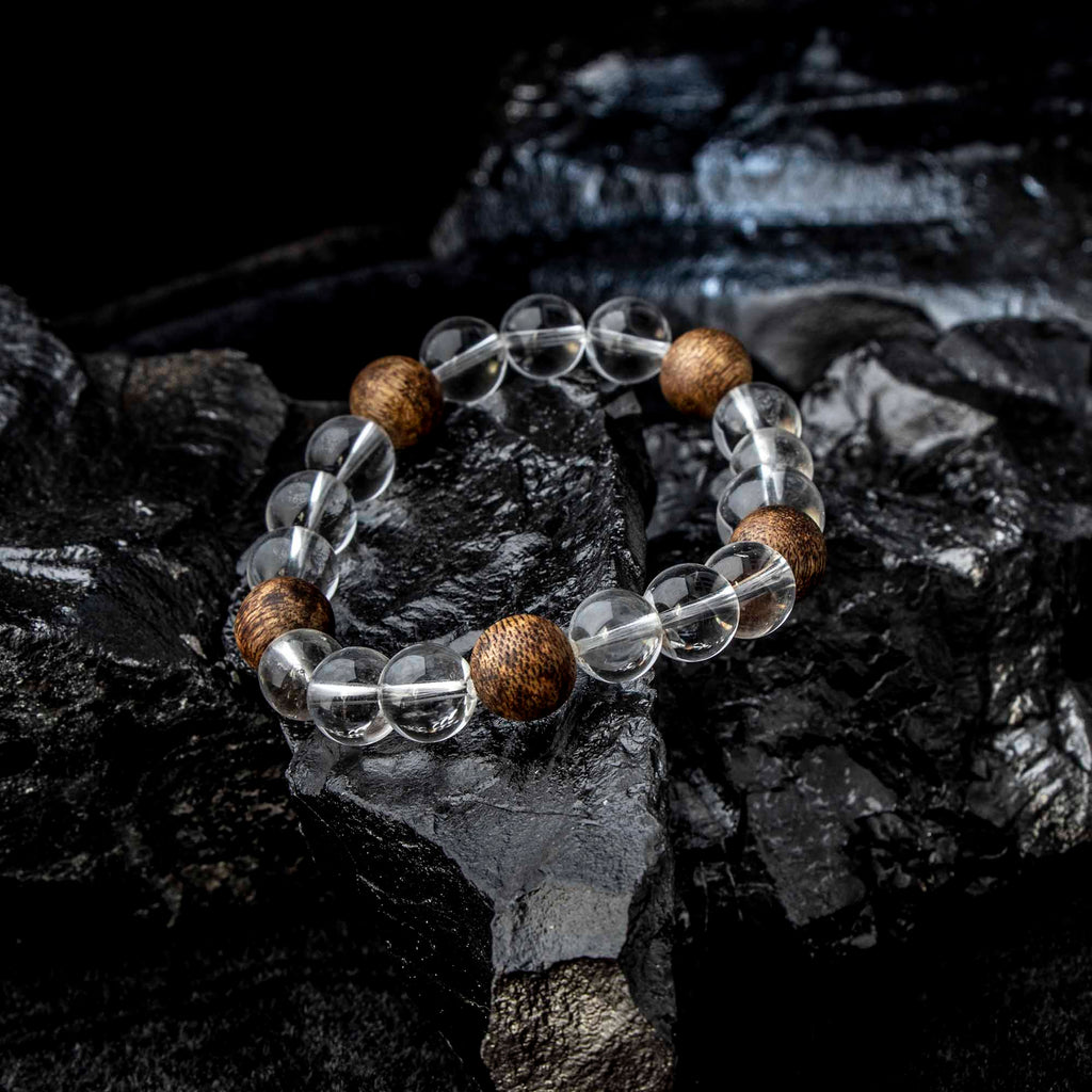 Auralyn Tarot The Hermit Clear Quartz Crystal Bracelet, 11–12mm Clear Quartz with 5 Evenly Spaced Agarwood Beads (Subtle Aroma), Handmade Meditation & Energy Jewelry for Clarity, Calm and Intention