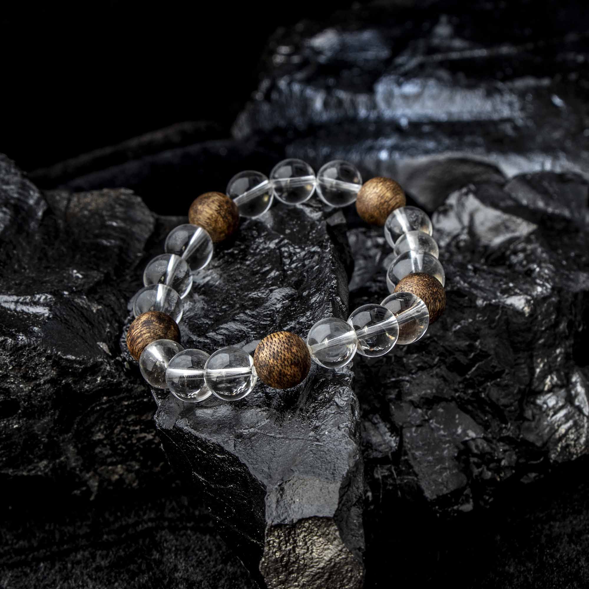 Auralyn Tarot The Hermit Clear Quartz Crystal Bracelet, 11–12mm Clear Quartz with 5 Evenly Spaced Agarwood Beads (Subtle Aroma), Handmade Meditation & Energy Jewelry for Clarity, Calm and Intention