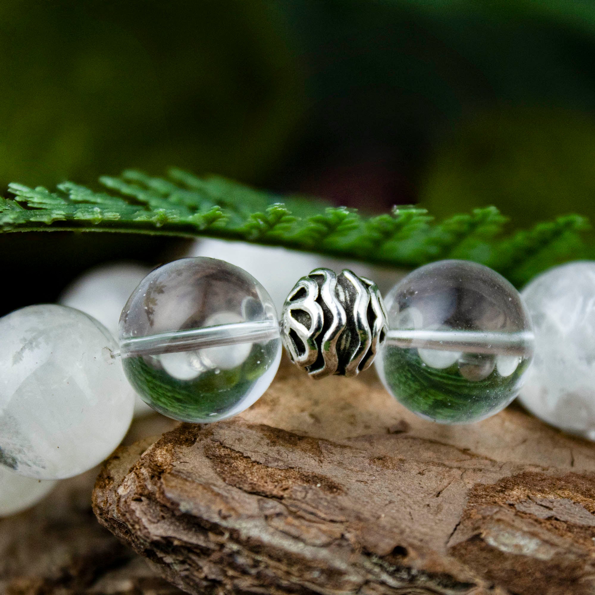 Auralyn Custom Frosted Clarity Crystal Bracelet, 13–14mm White Phantom, Clear Quartz & Silver Rutilated Quartz with Tibetan Silver Spacers & Rings, Handmade Energy Jewelry in Pure White/Transparent Tones