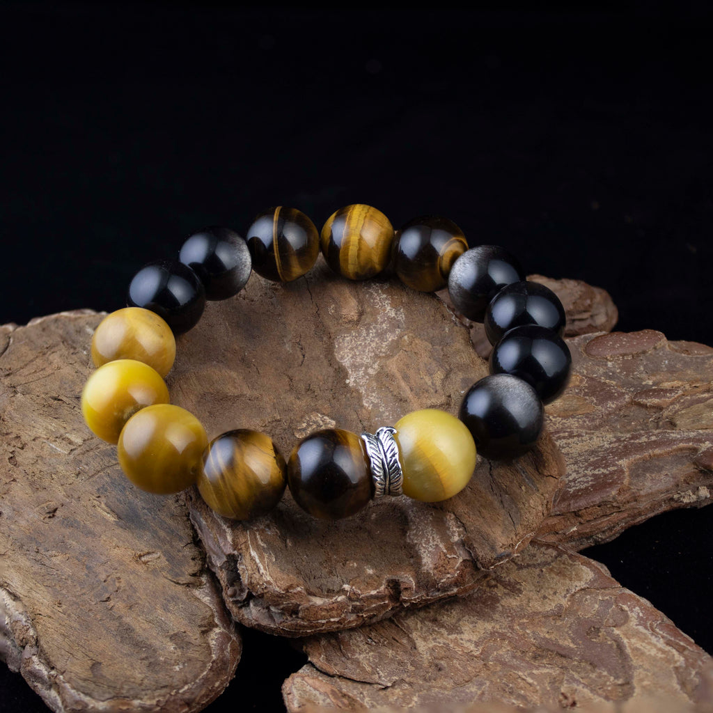 Celestial Guardian Bracelet – Tiger’s Eye & Silver Obsidian with Tibetan Silver Rings | Protective Energy Gift