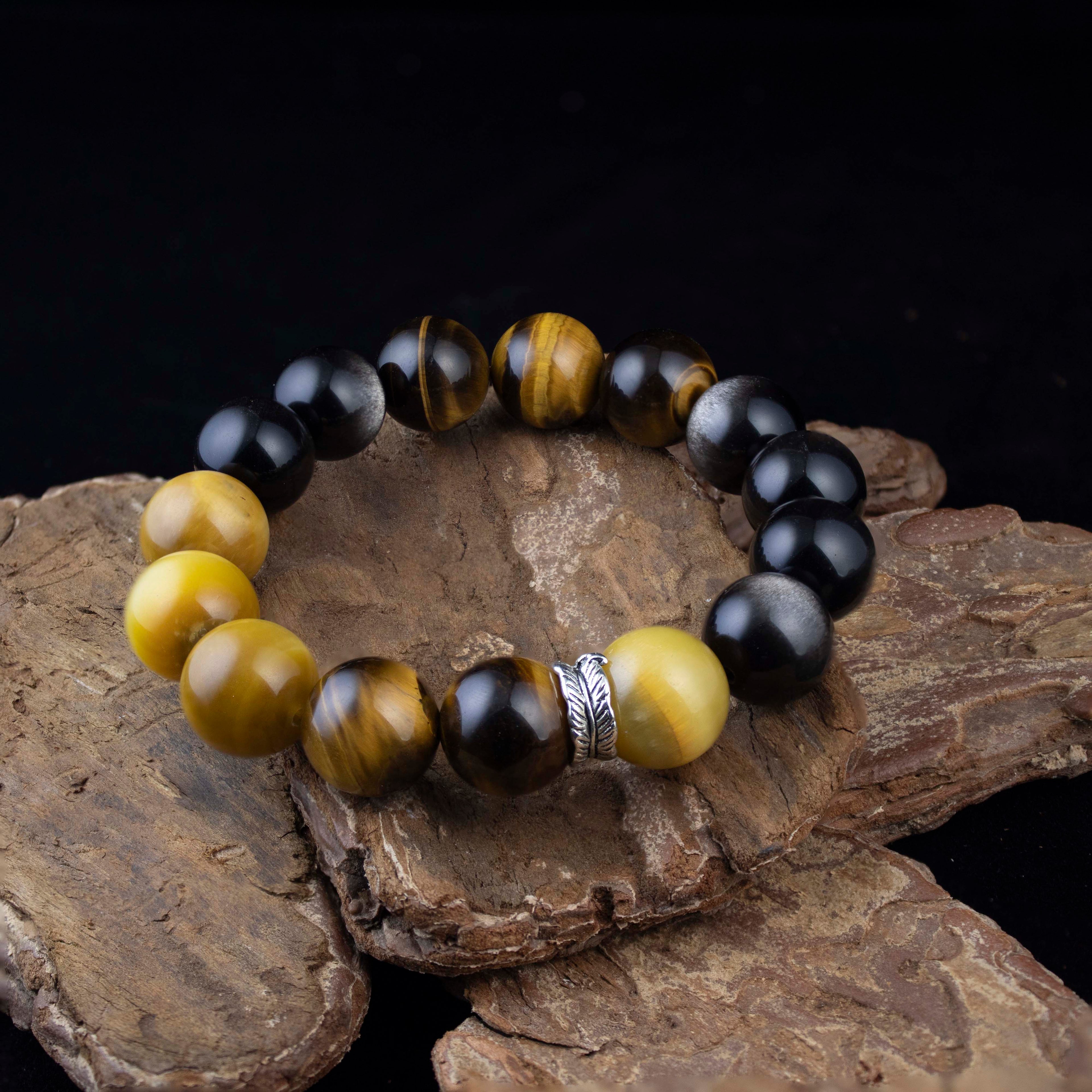 Celestial Guardian Bracelet – Tiger’s Eye & Silver Obsidian with Tibetan Silver Rings | Protective Energy Gift