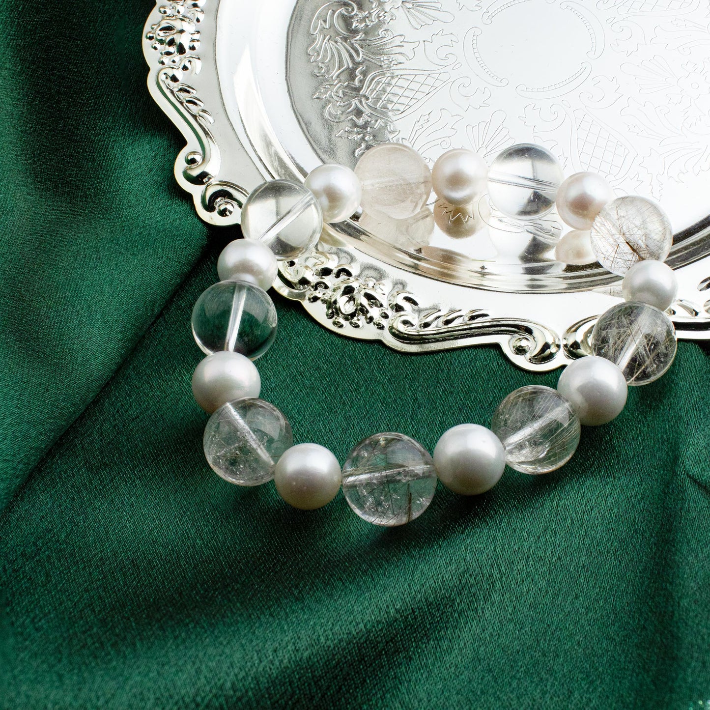 Auralyn Custom Silver Rutilated Quartz & Freshwater Pearl Bracelet, 13–14mm Rutile Quartz + 10mm Pearls, Handmade Energy Jewelry for Clarity & Elegant Glow