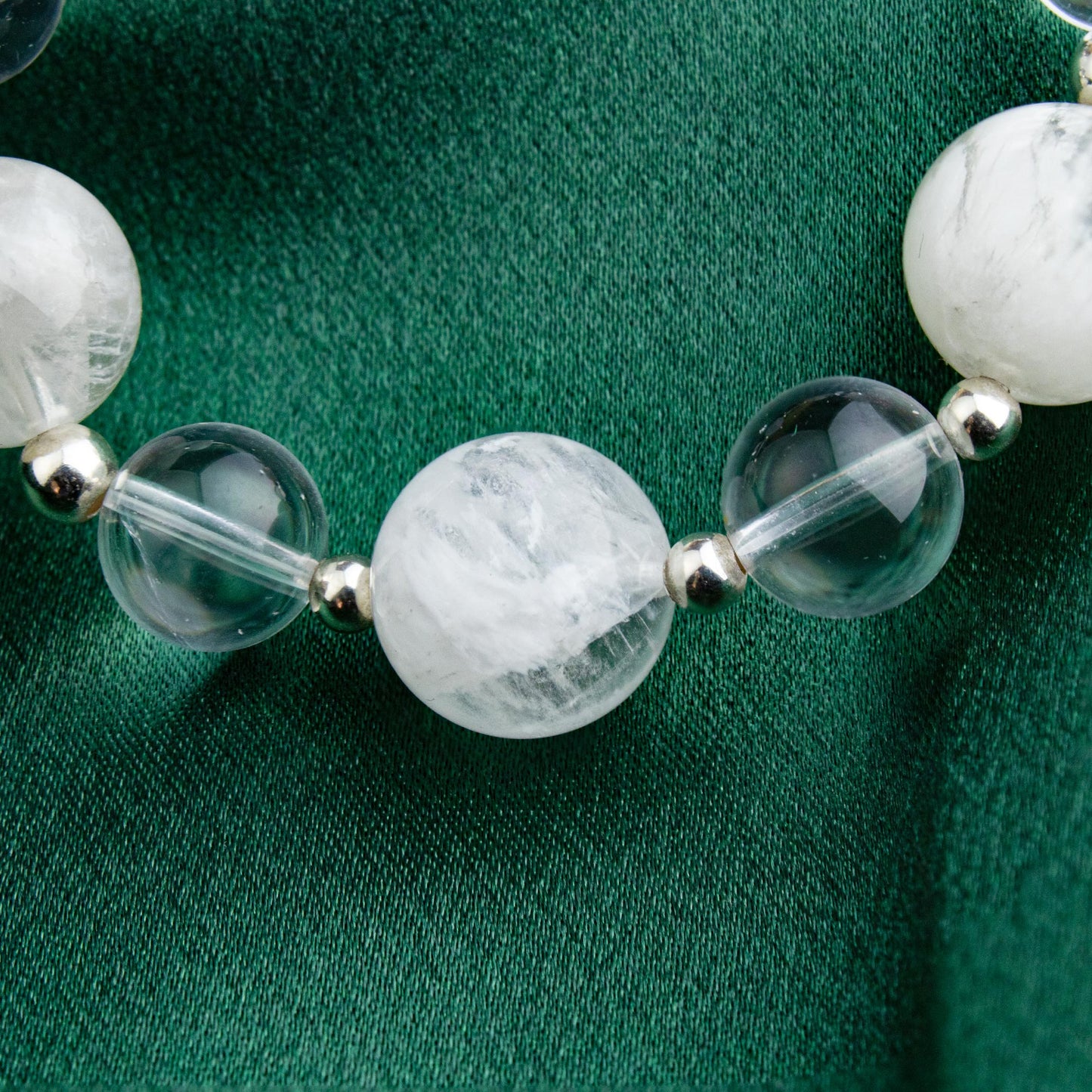 Auralyn Custom Snow-Phantom Quartz & Clear Quartz Bracelet, 13–14mm Natural “Snowflake” Phantom Beads with Minimal Silver Accents, Handmade Energy Jewelry for Clarity, Calm & Renewal