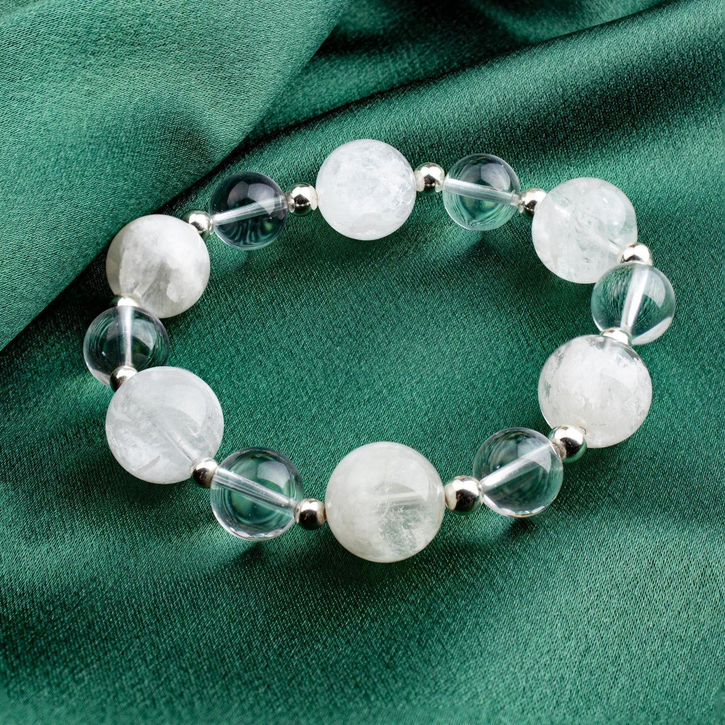 Auralyn Custom Snow-Phantom Quartz & Clear Quartz Bracelet, 13–14mm Natural “Snowflake” Phantom Beads with Minimal Silver Accents, Handmade Energy Jewelry for Clarity, Calm & Renewal