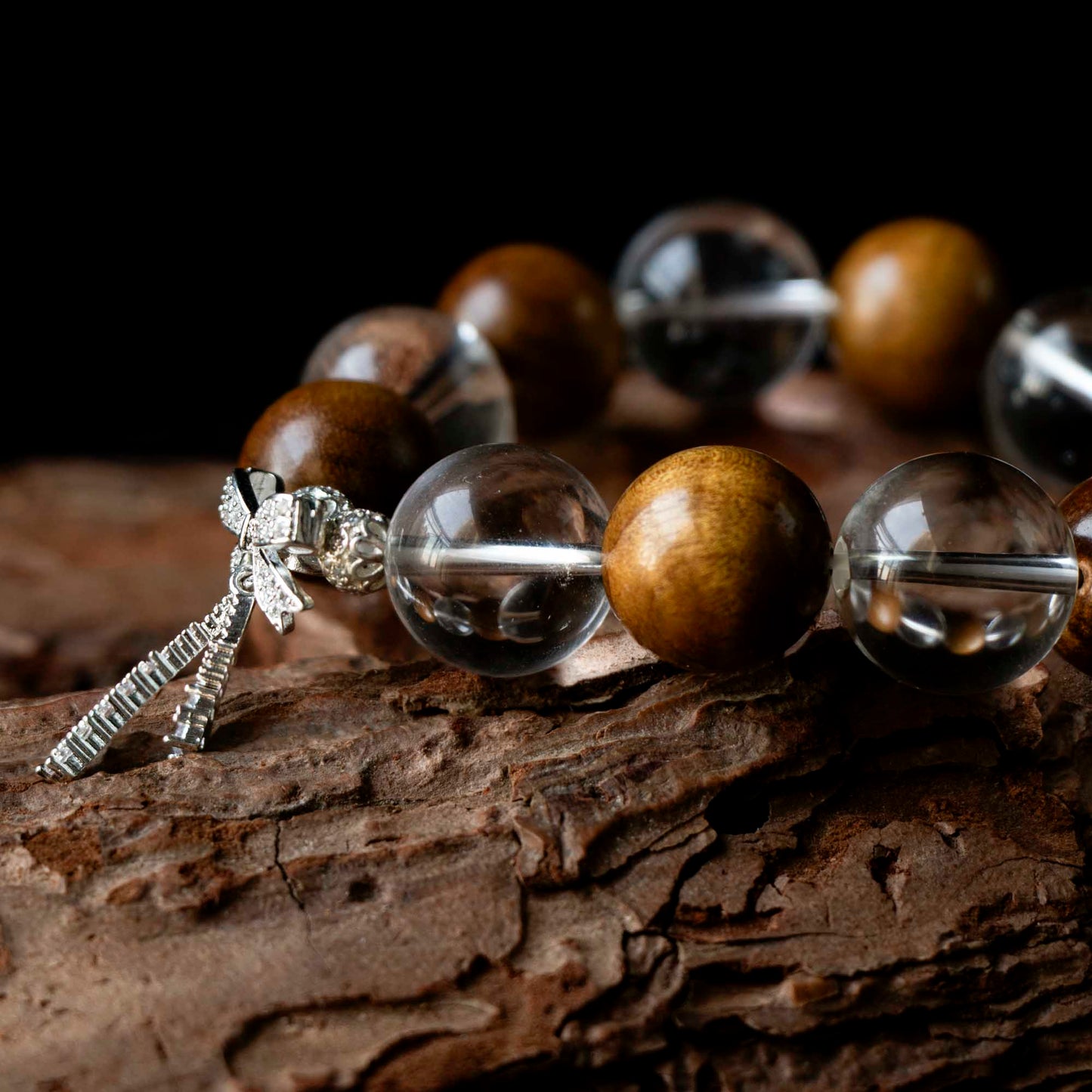 Auralyn Healing Butterfly Serenity Clear Quartz & Golden Phoebe Wood Bracelet, 16–17mm Natural Clear Quartz Beads with Silver-Plated Butterfly Charm, Handmade Mood-Healing Energy Jewelry for Clarity, Calm & Grounding