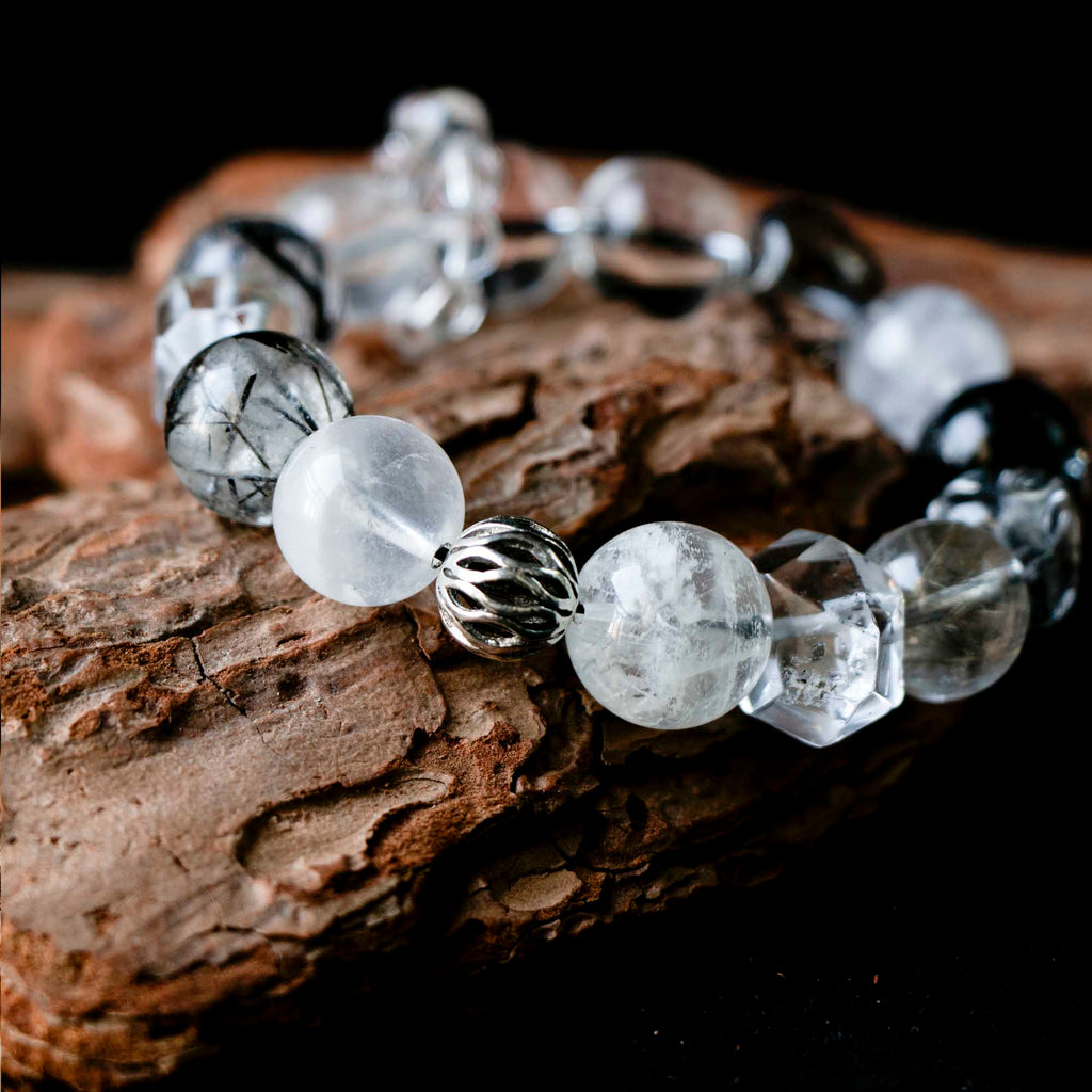 Auralyn Custom Monochrome Clarity Crystal Bracelet, 13–15mm Clear Quartz, White Phantom, Black Labradorite, Black Rutilated Quartz with Herkimer-Style Cone & Irregular Clear Beads, Clear-Quartz Runner Ring, Handmade