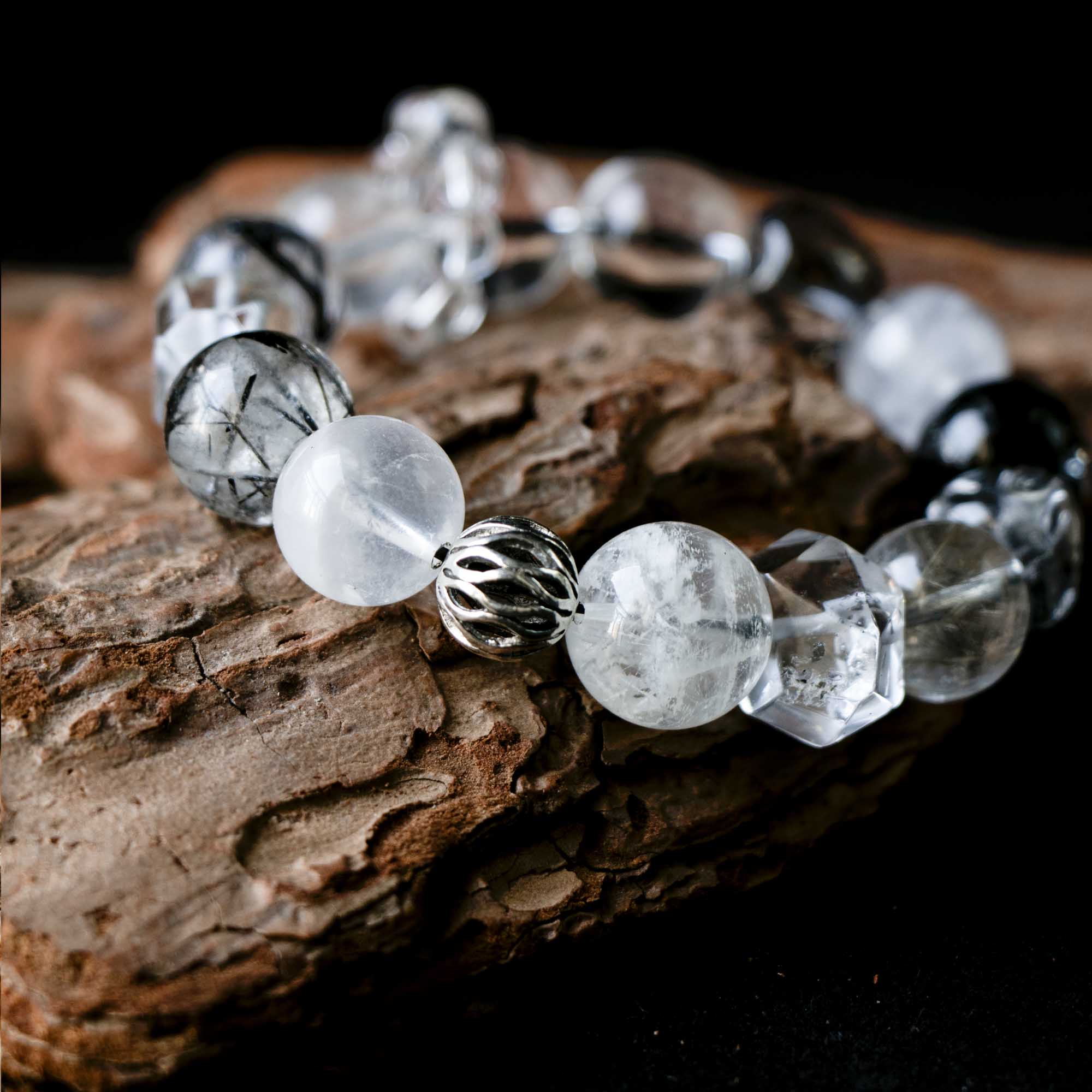 Auralyn Custom Monochrome Clarity Crystal Bracelet, 13–15mm Clear Quartz, White Phantom, Black Labradorite, Black Rutilated Quartz with Herkimer-Style Cone & Irregular Clear Beads, Clear-Quartz Runner Ring, Handmade