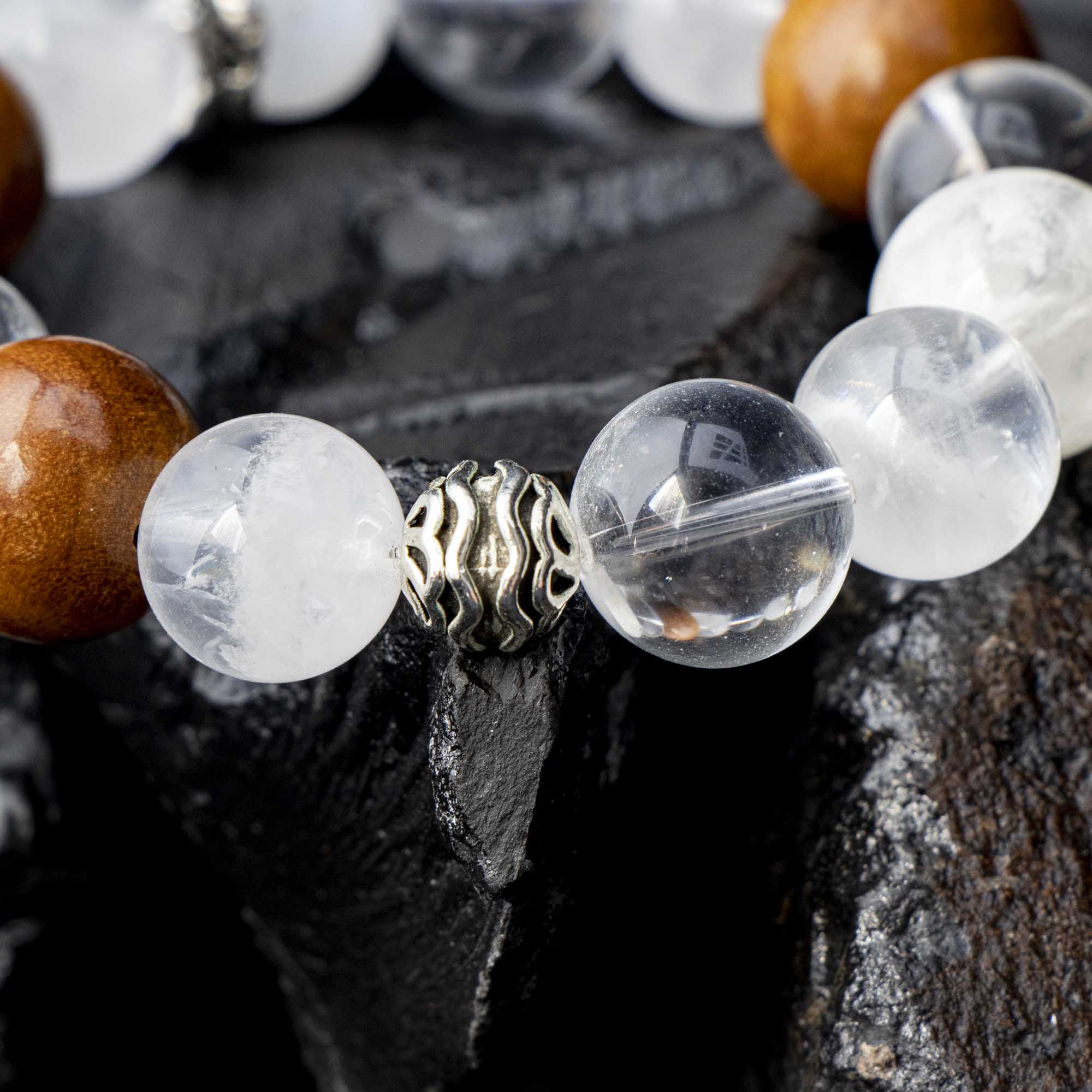 Auralyn Custom Feathered Clarity White Phantom & Clear Quartz Bracelet, 13–14mm Quartz with 15–16mm Golden Phoebe Wood, Tibetan-Silver Feather Spacer & Rings, Handmade Energy Jewelry for Renewal, Clarity & Grounding