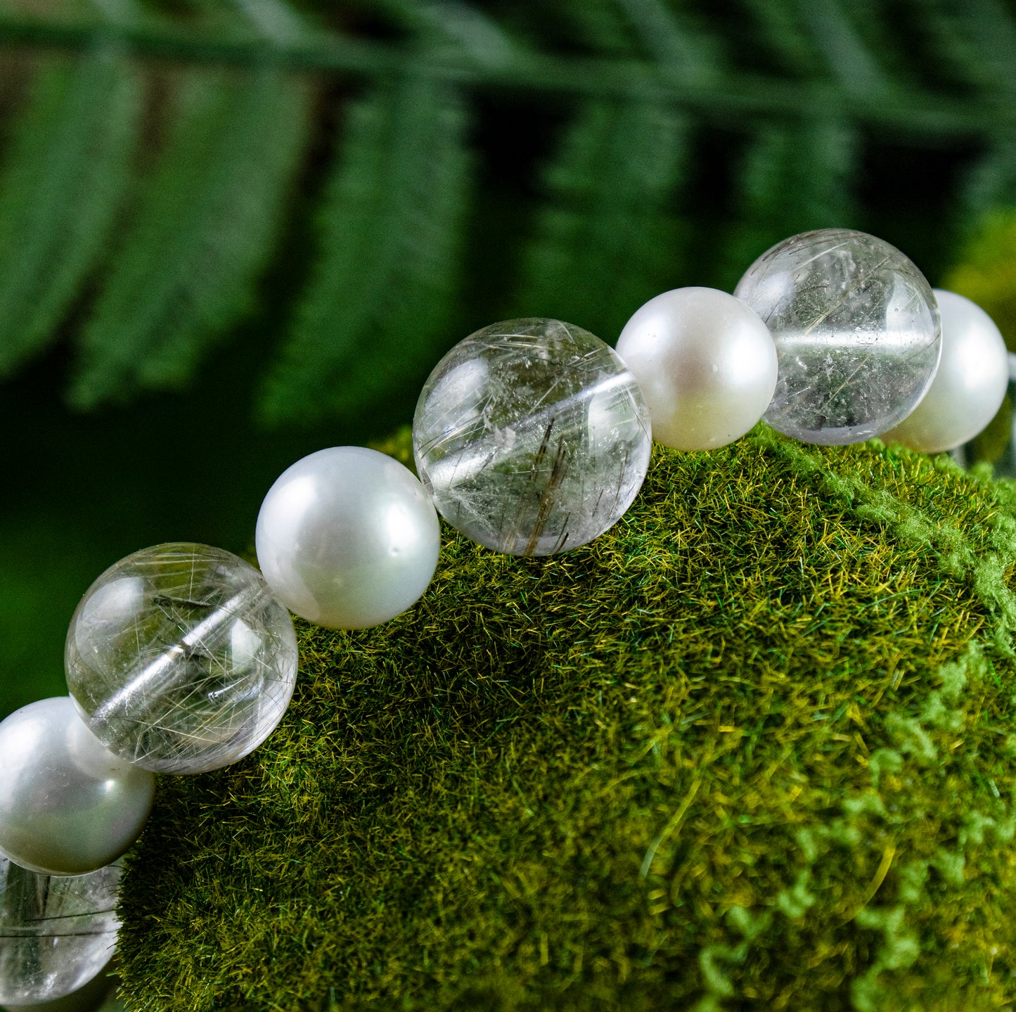 Auralyn Custom Silver Rutilated Quartz & Freshwater Pearl Bracelet, 13–14mm Rutile Quartz + 10mm Pearls, Handmade Energy Jewelry for Clarity & Elegant Glow