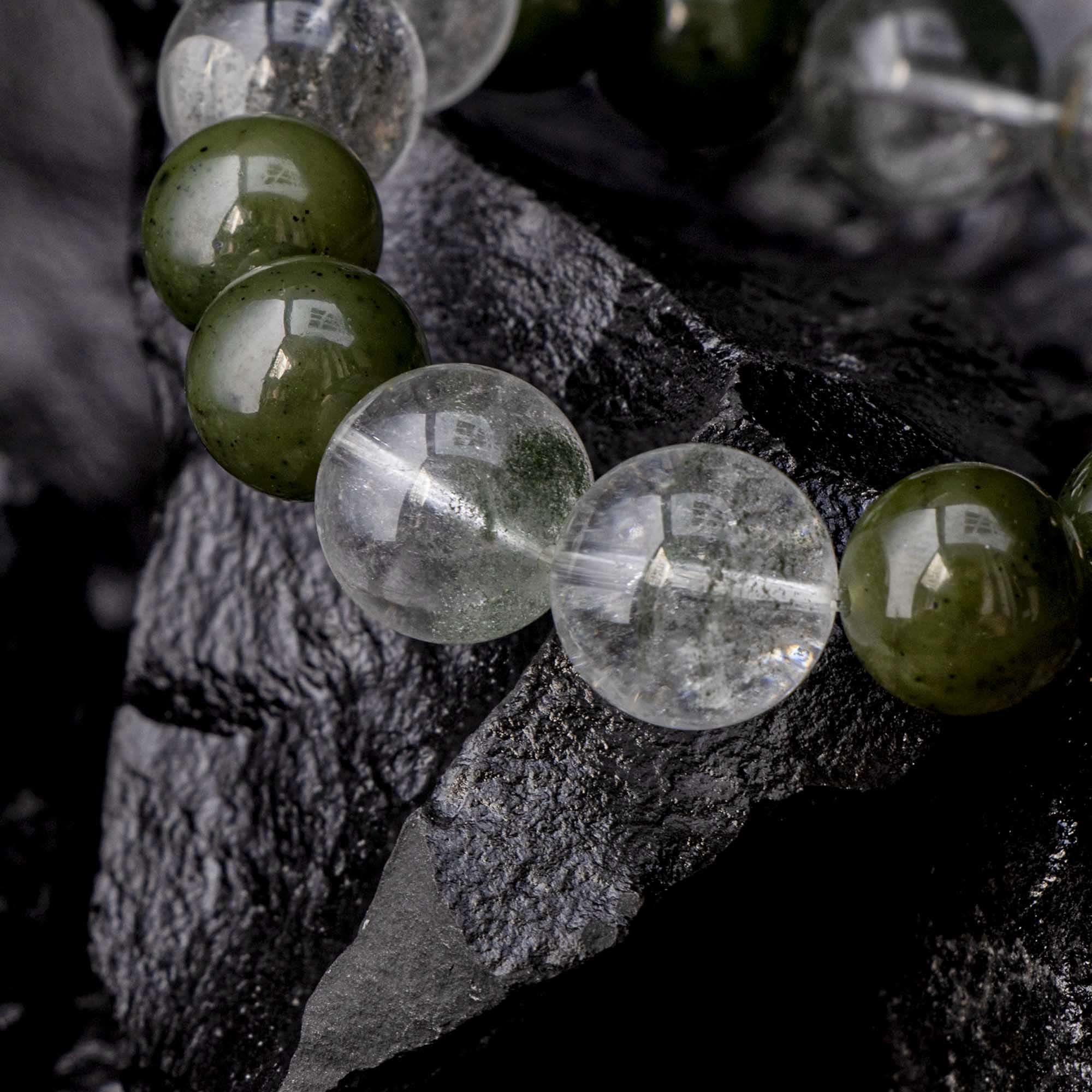 Auralyn Custom Star-Garden Green Phantom Quartz Bracelet, 13–14mm Garden/“Starry” Phantom with Irregular Phantom Accent, Avocado Tone Bead & Natural Wood, Handmade Energy Jewelry for Renewal, Clarity & Grounding
