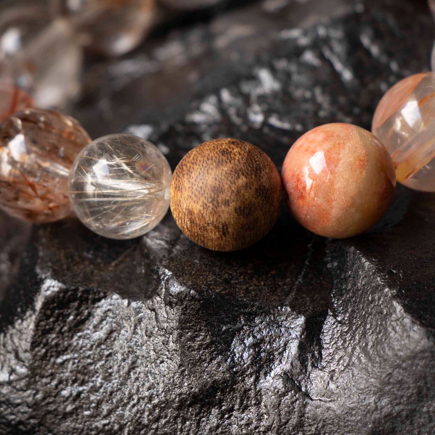 Auralyn Life Rhythm Blooming Flame Crystal Bracelet, 13mm Flower Agate, Red and Silver Rutilated Quartz with Natural Agarwood Bead (Subtle Aroma), Handmade Energy Jewelry for Love, Confidence & Grounding