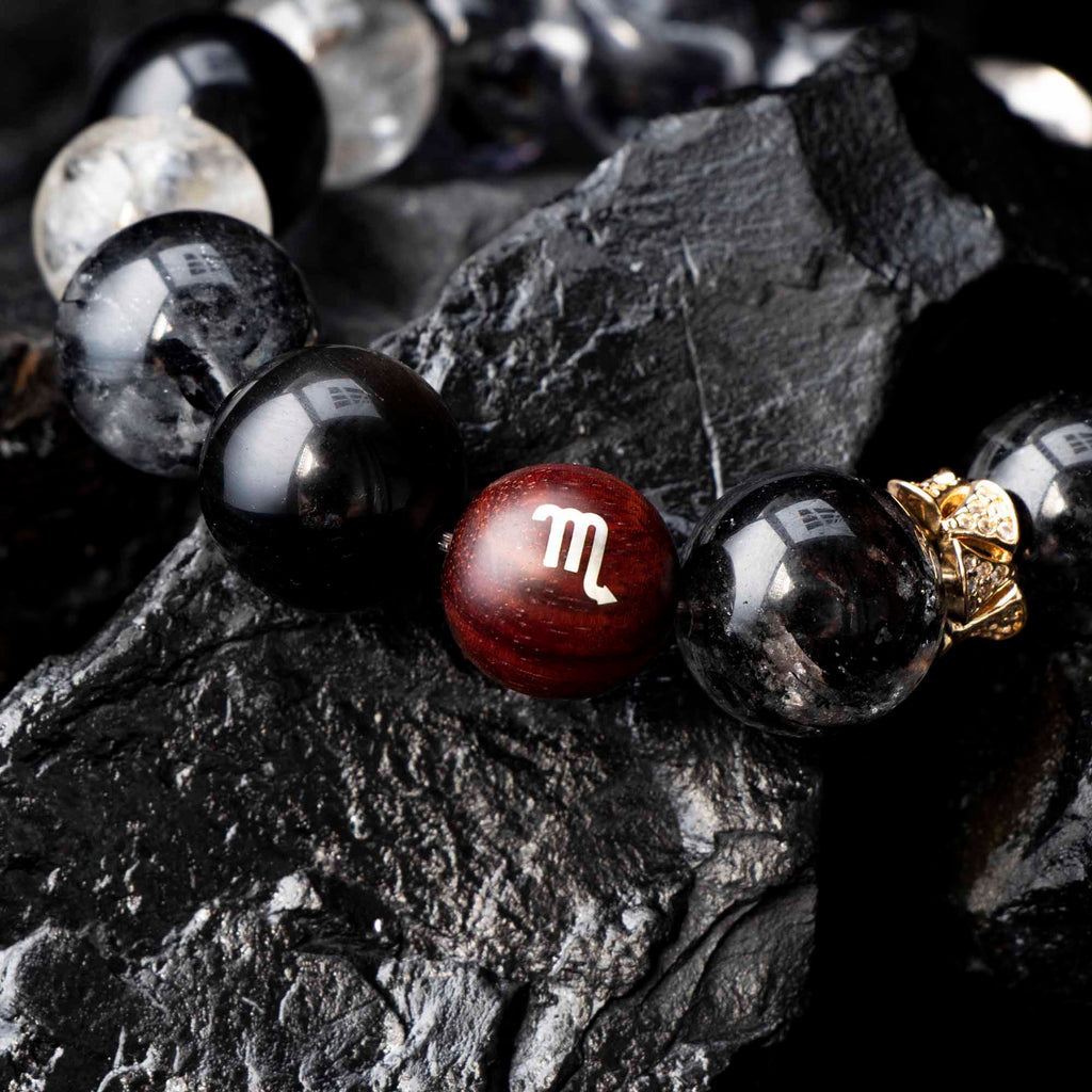 Auralyn Virgo Precision Shield Crystal Bracelet, 13–14mm Silver Obsidian, Black Labradorite, Herkimer Diamond & Black Rutilated Quartz with Gold-Plated Spacers and Sterling Silver Virgo Inlaid Bead, Handmade Zodiac Energy Jewelry